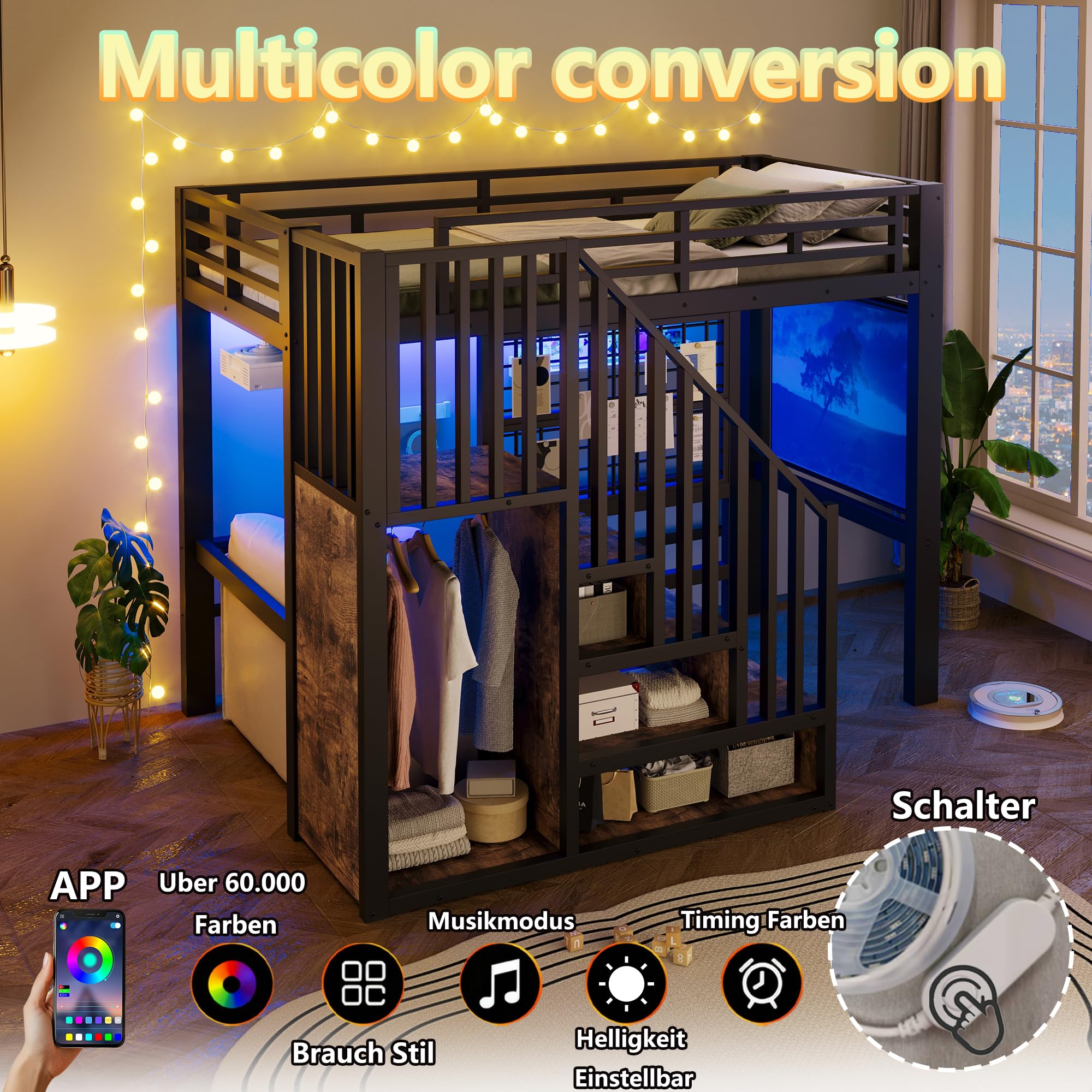 Cama alta de 90 x 200 cm con escalera de almacenamiento, cama de hierro con barandilla, cama alta para niños con luz LED, con proyector, sin colchón, color negro
