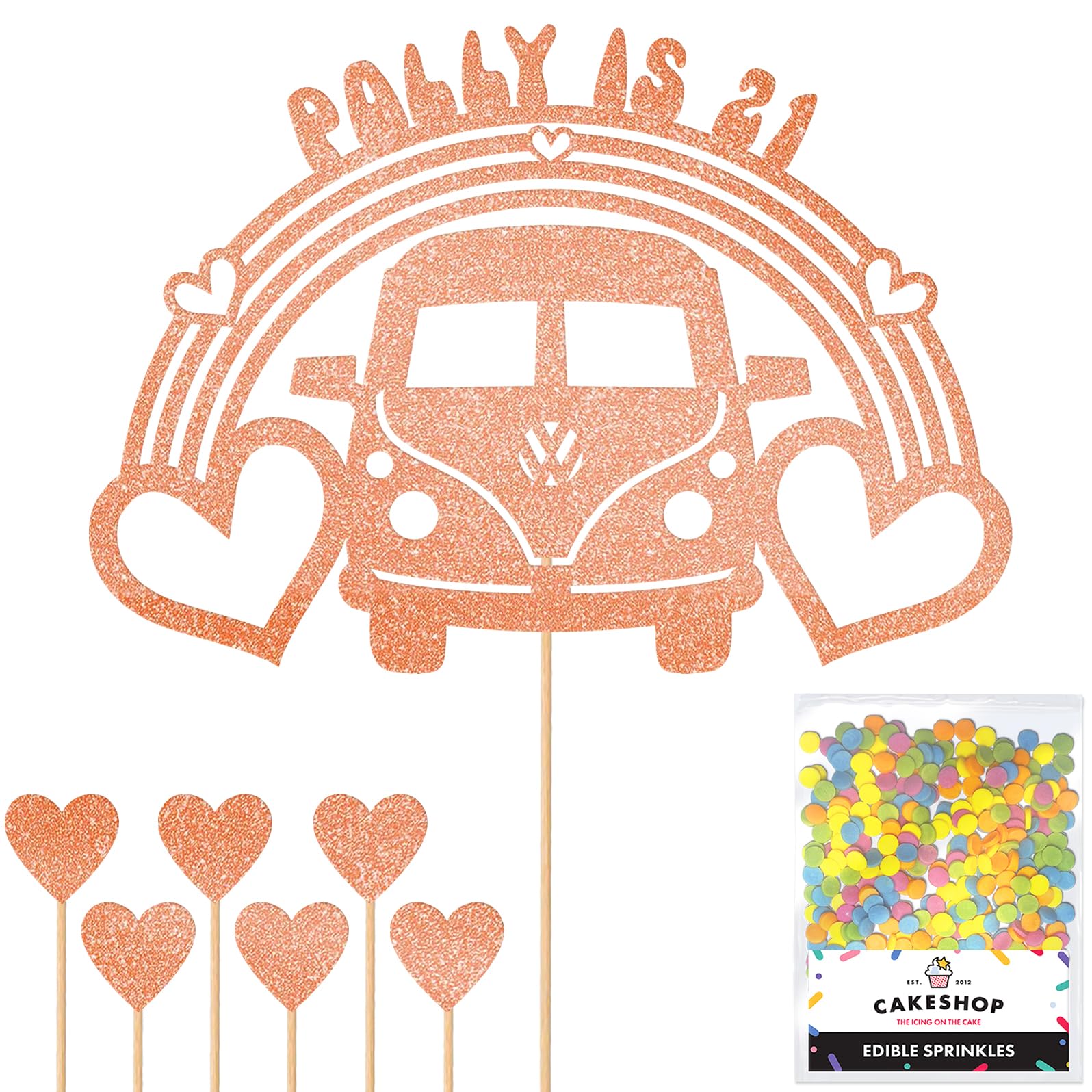 Personalised 60's Camper Van Glitter Cake Topper- Rose Gold Any Custom Age & Name Glitter Cake Decoration and Sprinkles - Happy Birthday Decorations - Personalised Toppers for Cakes by Cakeshop — image 1