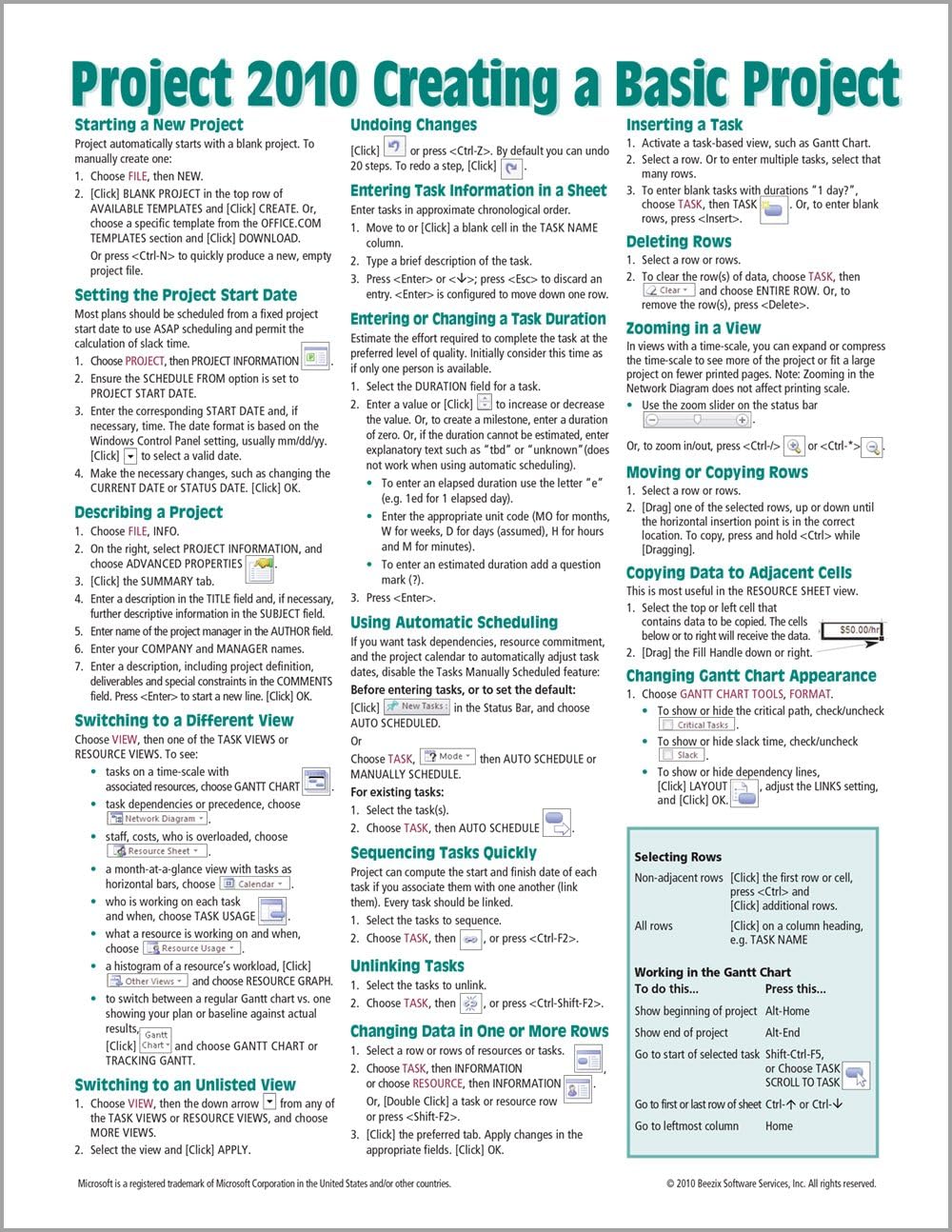 Microsoft Project 2010 Quick Reference Guide: Creating a Basic Project (Cheat Sheet of Instructions, Tips & Shortcuts - Laminated Card)