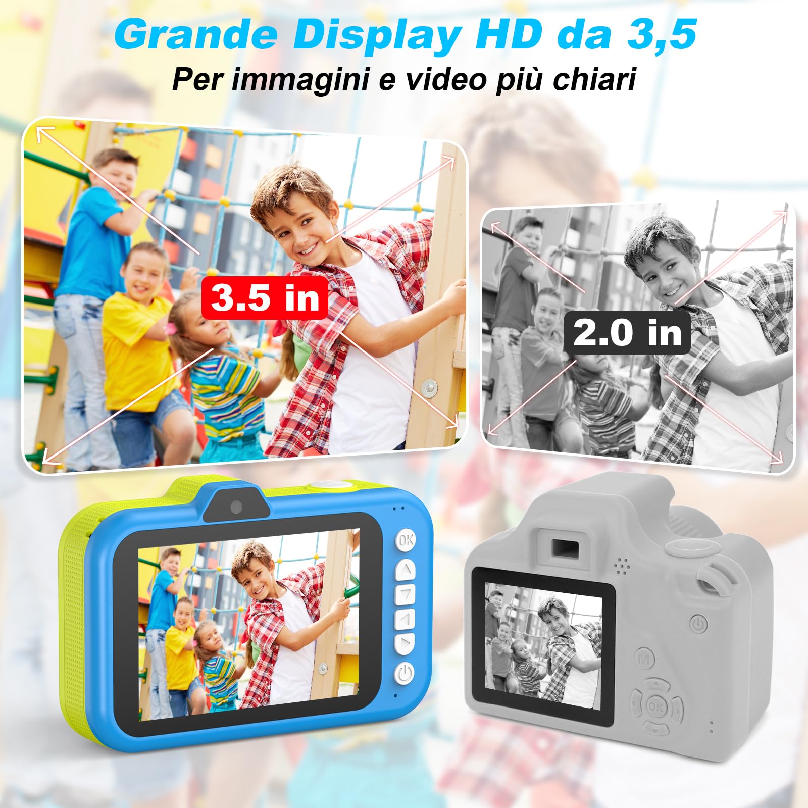 Macchina Fotografica Bambini | 3,5" Ampio Display | 360° Obiettivo Zoom Rotante | 1080P HD Fotocamera Digitali Bambini con Selfies | Flash | Scheda da 32G | Regalo Bambina e Bambino 3-12 Anni | Blu
