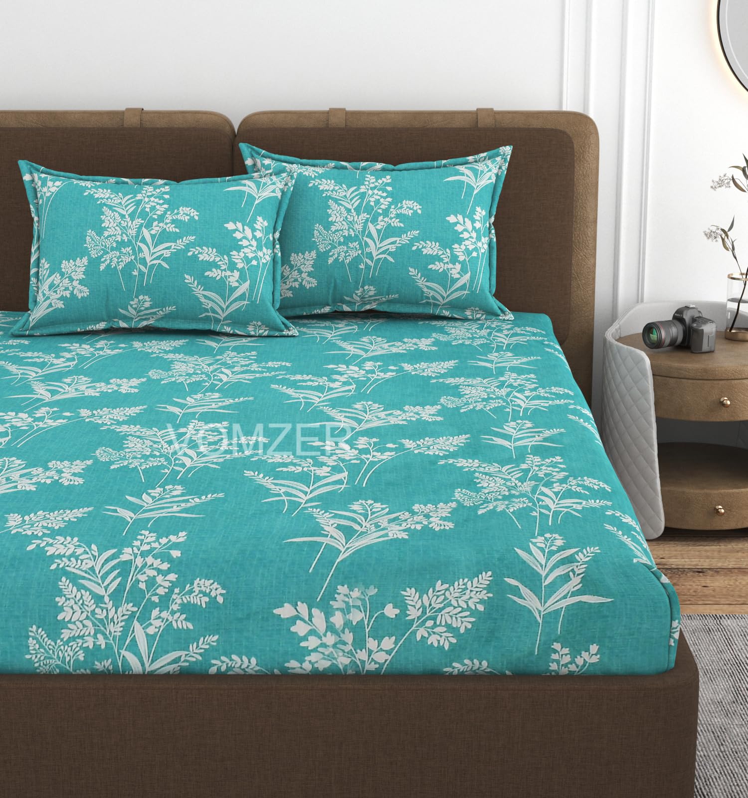 VOMZER 320 TC Cotton Feel All Around Elastic Fitted Floral Bedsheets King Size, Premium Fitted Bedsheets King Size for Double Bed with 2 Pillow Covers, Size- 78 x 72 (Aqua Lily)