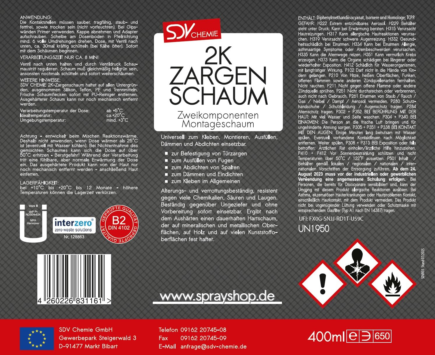 SDV Chemie 2K Zargenschaum 12x 400ml Montageschaum