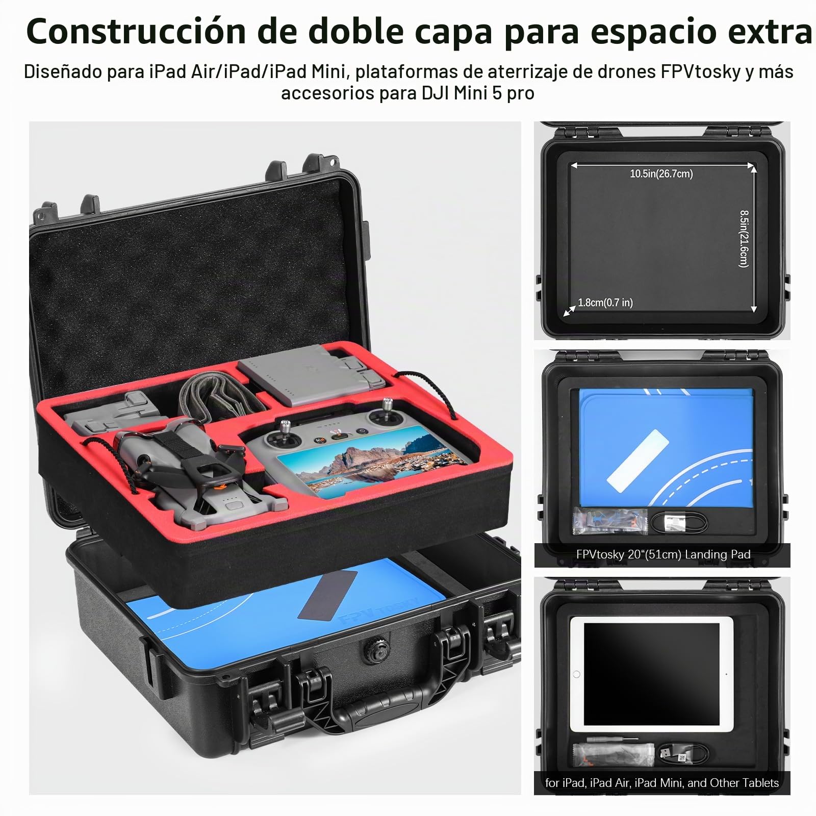 FPVtosky Funda de Doble Capa para dji Mini 5 Pro/Fly More Combo - Bolsa Impermeable para dji Mini 5 RC 2/RC-N3, Batería, Centro de Carga y Otros Accesorios [Solo LA Bolsa]