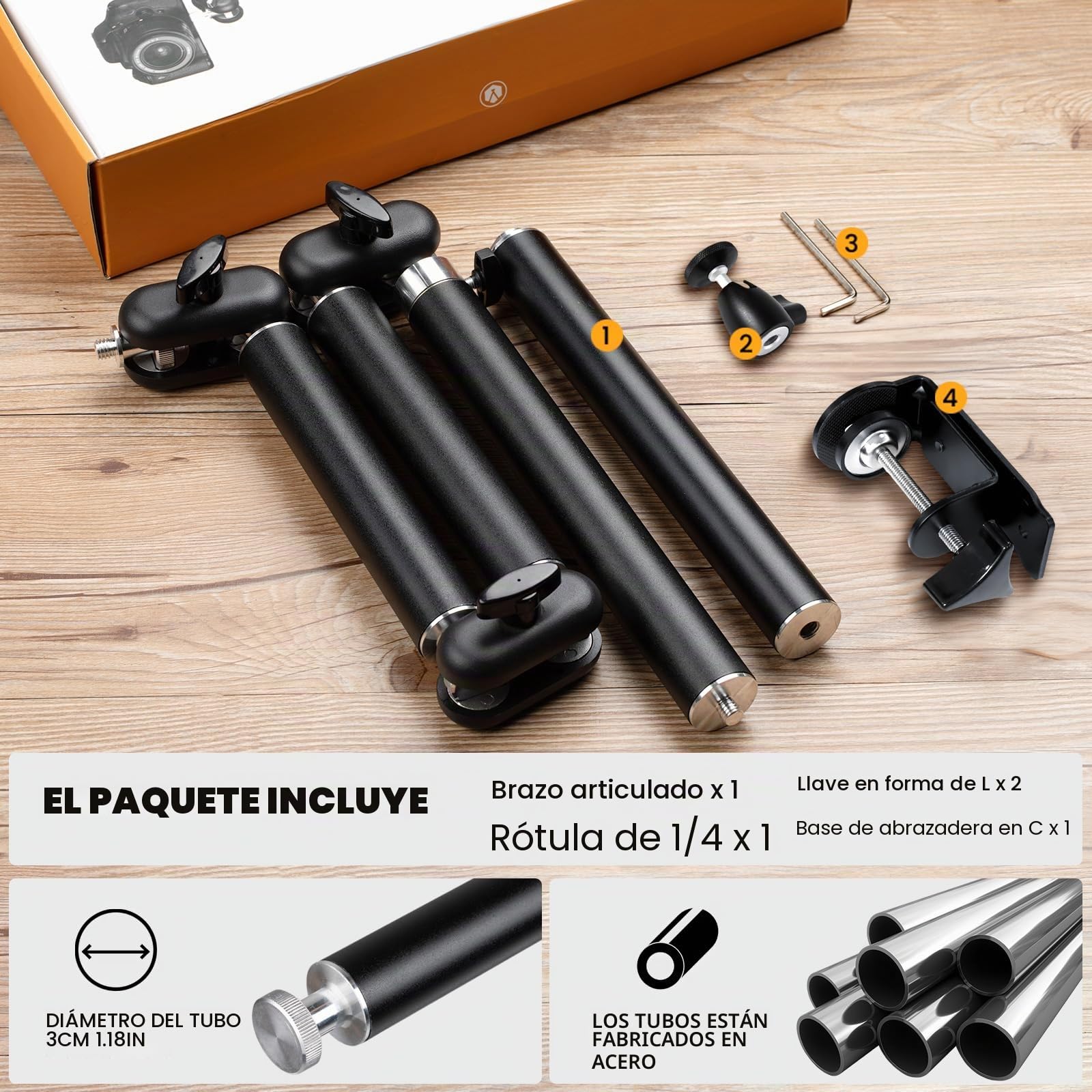 TARION Soporte Cámara Escritorio Articulado - Brazo Flexible 360° Estructura Acero - Carga 3kg Abrazadera en C - DSLR Proyector Luz Anular TKA01-L
