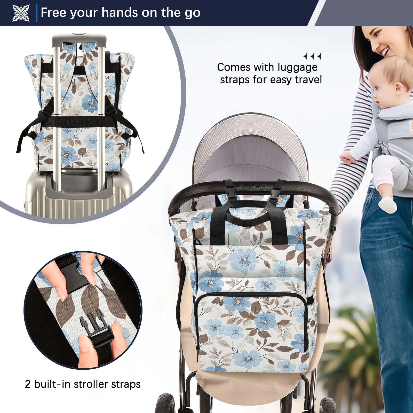 Mnsruu Blu Motivo Floreale Del Bambino Della Borsa Del Pannolino Del Bambino Zaino Grande Borsa Impermeabile Viaggio Borse Per Pannolini Per Mamm