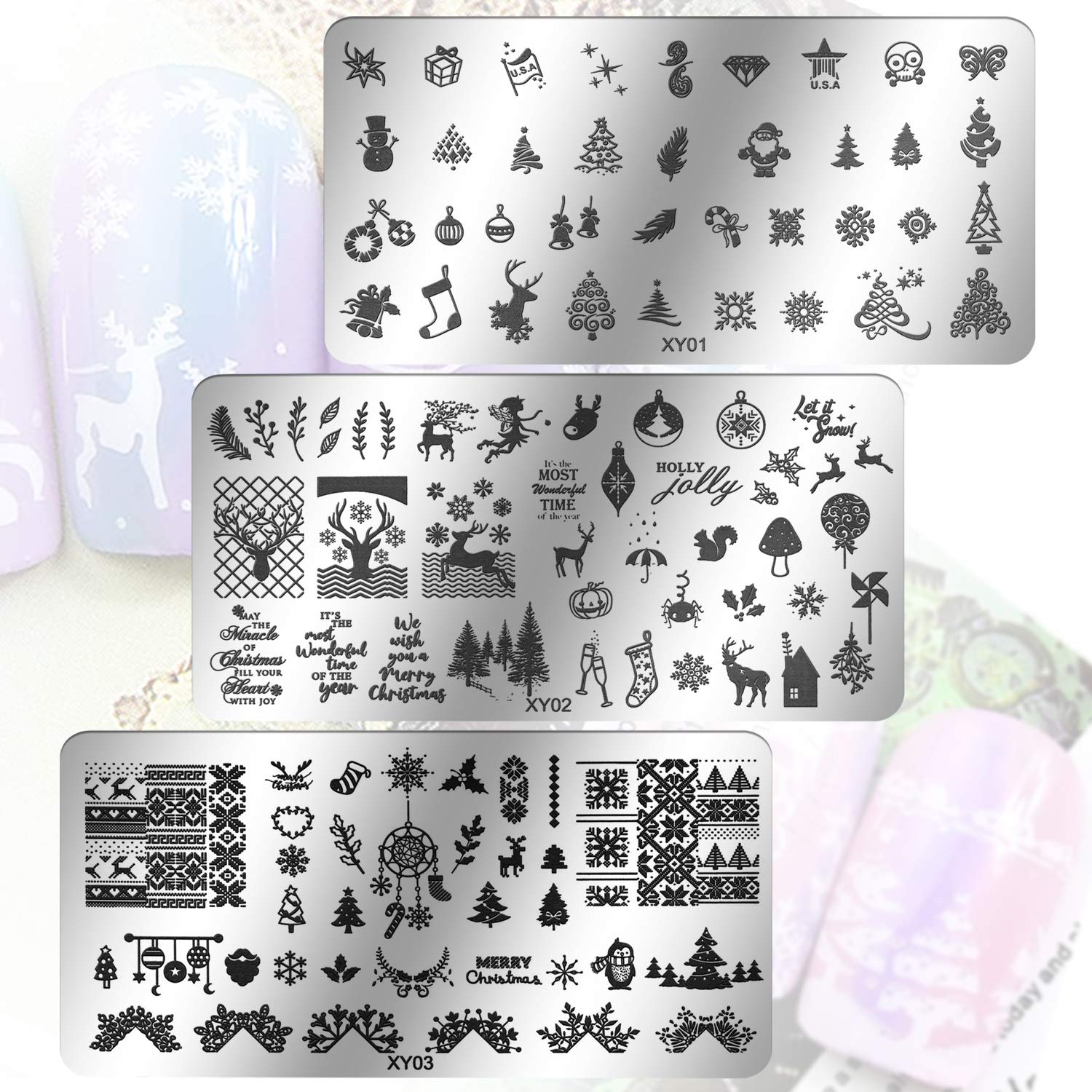 6 Pcs Christmas Nail Stamping Plate, MWoot Natale Fiocco di neve dei cervi dell'albero Nail Art Unghie Timbro Nail Art Stamp Plates Chiodo quadrato rotondo
