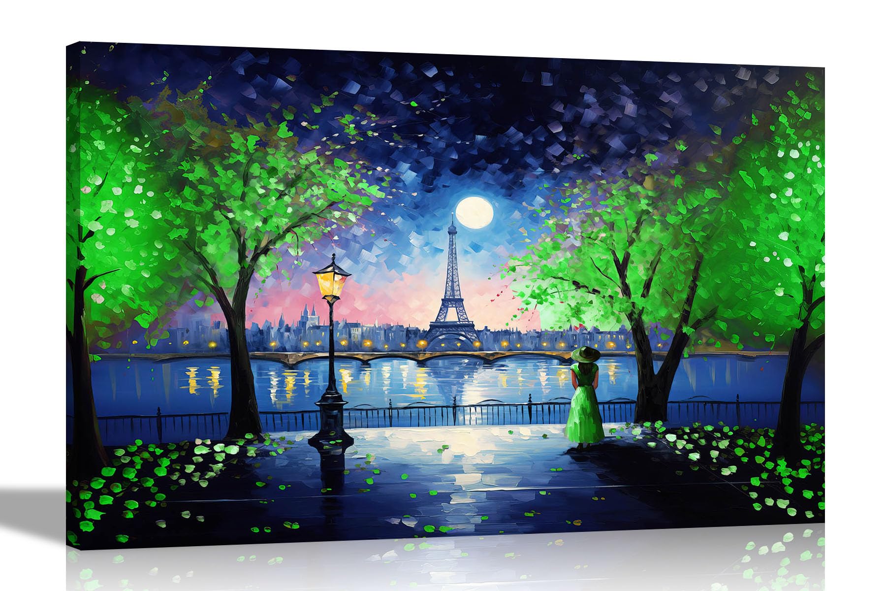 Artley Prints - Moonlight Eiffel Tower Green Canvas Wall Art Pictures l Modern Prints | Abstract Artwork for Living Room Bedroom 60 x 40cm (24 x 16 inches) A2