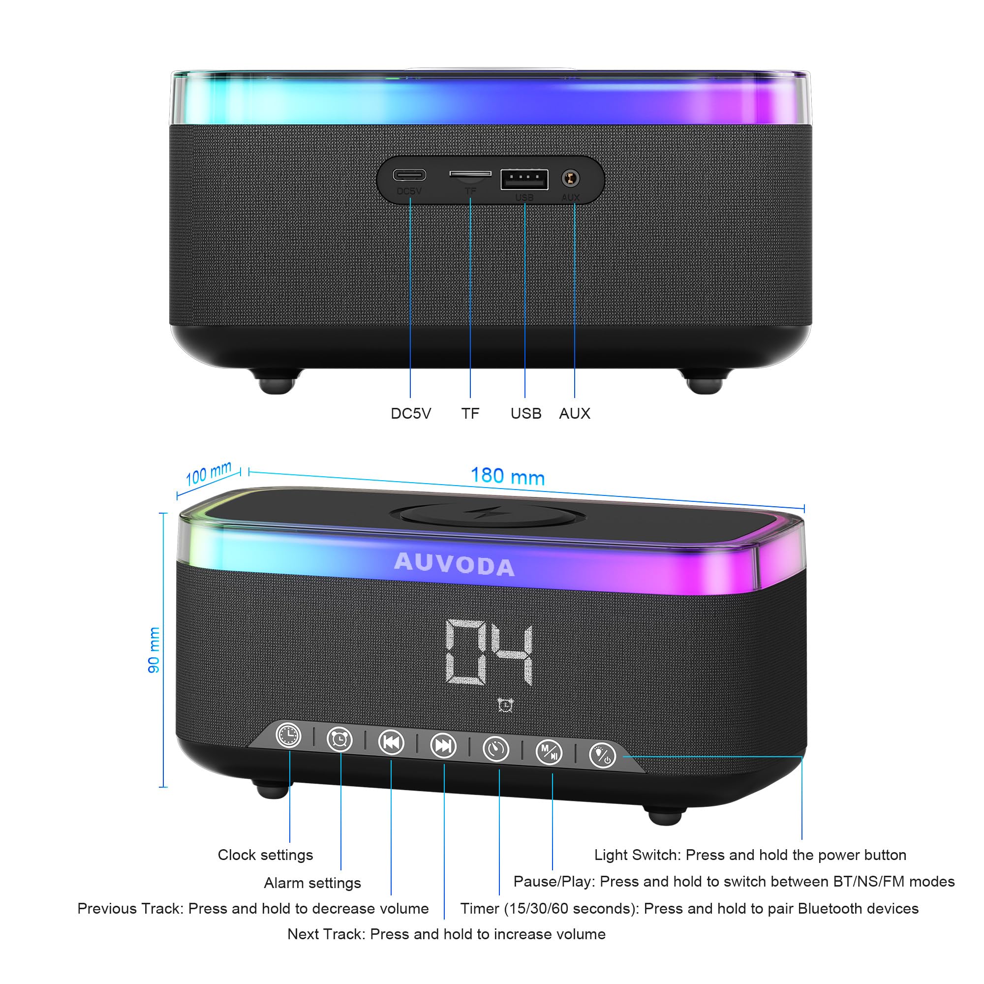 Altoparlante Bluetooth S300, altoparlante wireless portatile con ricarica wireless da 15 W, luce notturna a 13 colori, sveglia, stereo da 16 W, TWS, BT5.3, per smartphone, PC, computer, casa
