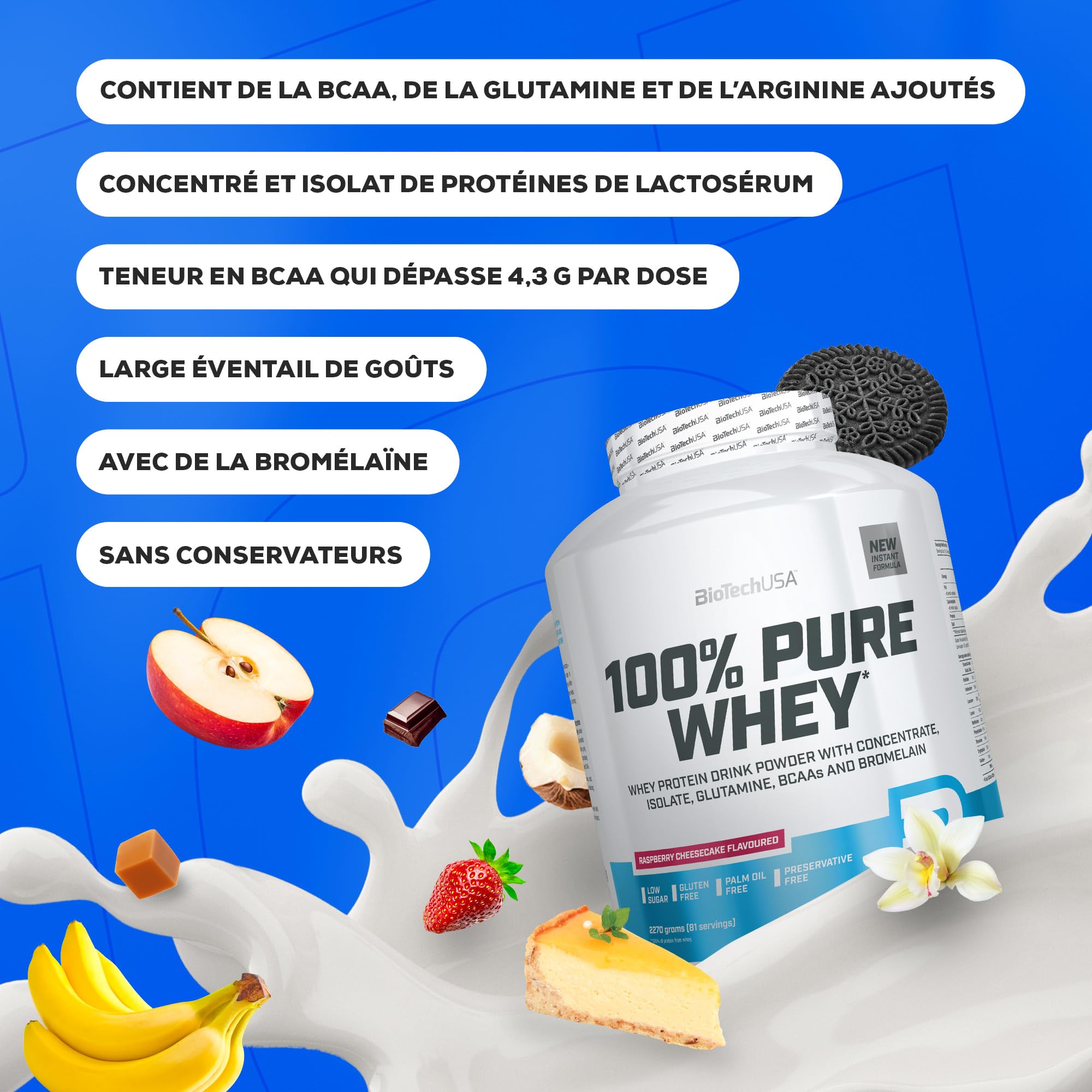 BioTechUSA 100% Pure Whey | Poudre de protéines avec BCAA et Glutamine | Sans gluten, sans huile de palme | 21g de protéines par portion, 1 kg, Chocolat