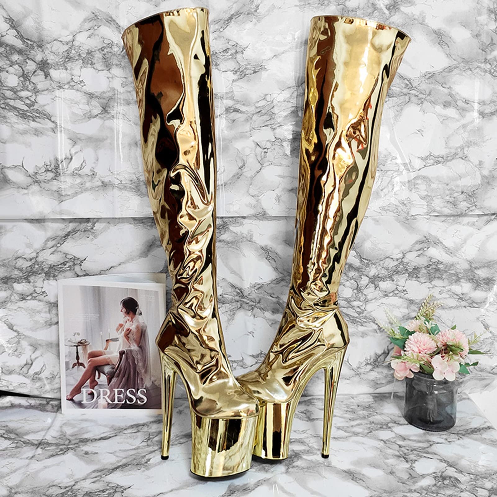 Stivali da Donna con Tacco Alto in Oro Scintillante Unisex da Uomo, Stivali Alti con Tacco a Spillo da 8 Pollici, Scarpe da spogliarellista Sexy Club Fetish Wear