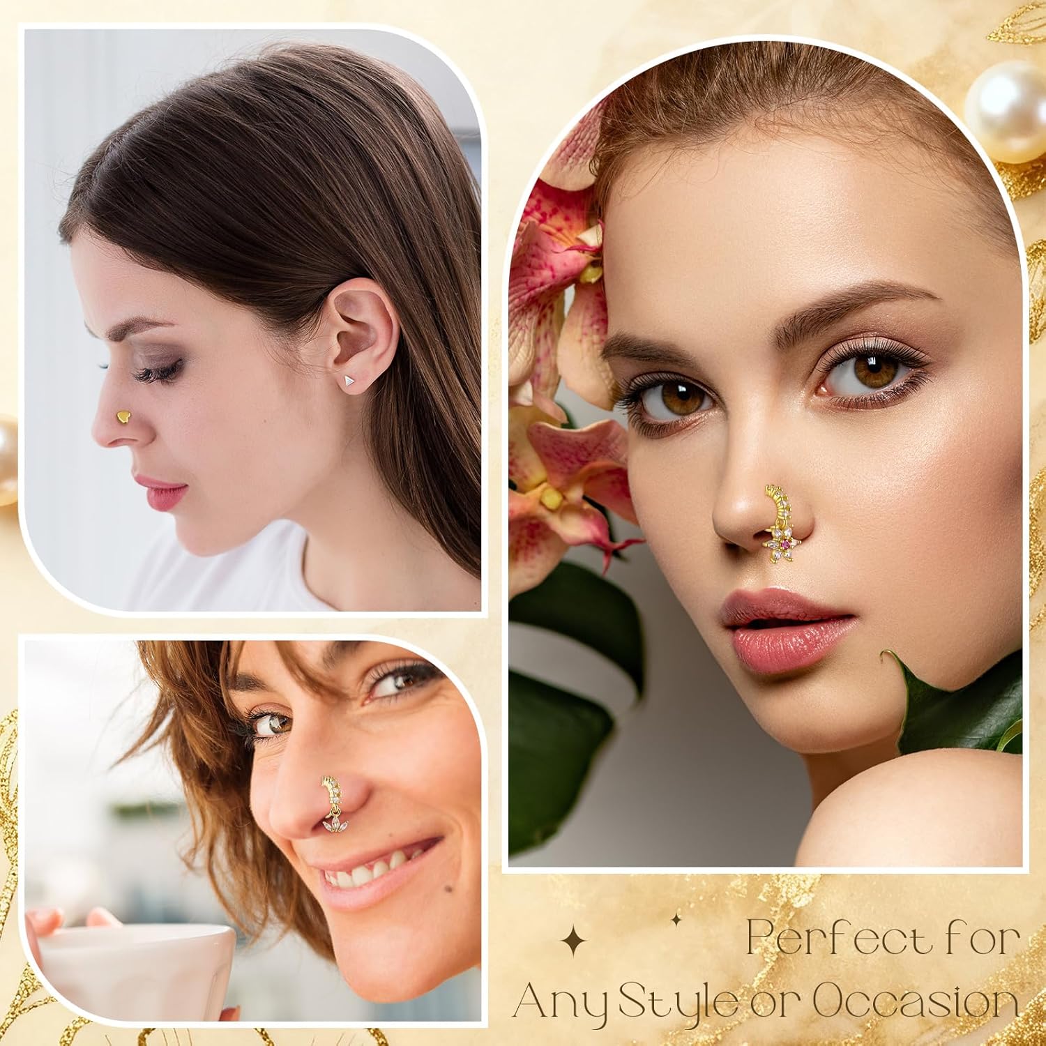 48 Pcs L Shaped Gold Dangle Nose Rings Hoop for Women, Dangling Cute Nose Studs Stainless Steel Piercing Jewelry - Image 5