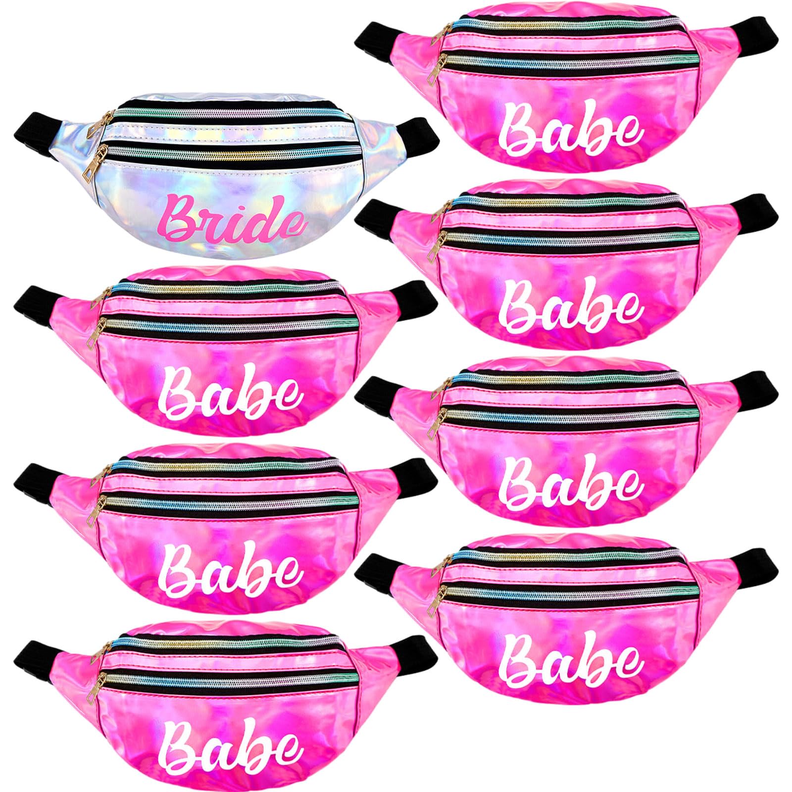 Amylove 12 Pack Bride Fanny Packs for Bachelorette Party,White, Pink | Adjustable Belt, Metallic Holographic Design with Bride Babe Prints, Fanny Pouch as Party Favors for Guests, Hands-free