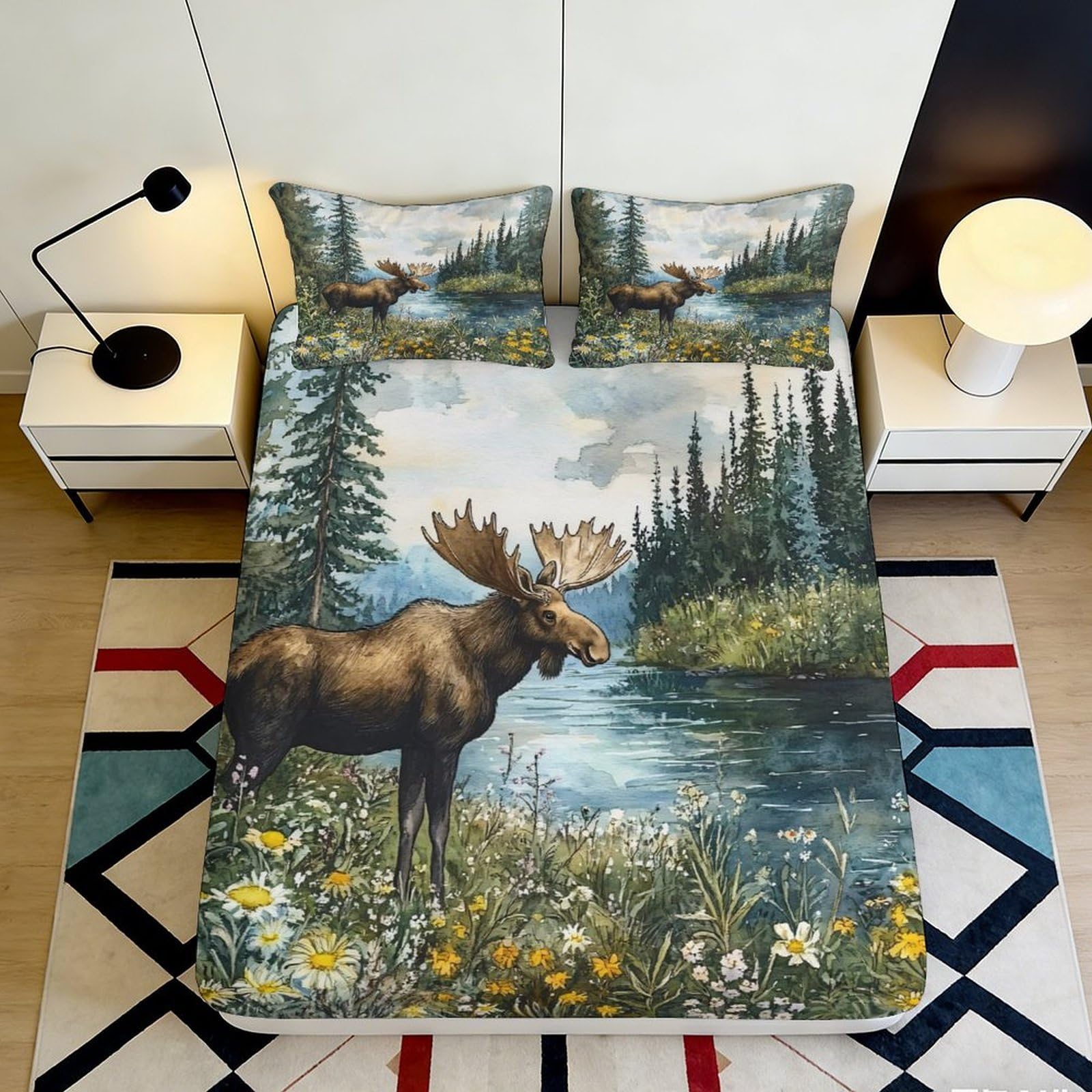 3D Printed Moose River Fitted Sheet Microfiber Soft Breathable Forest Bed Cover for Bedroom Guest Room Decor 90x200x25cm