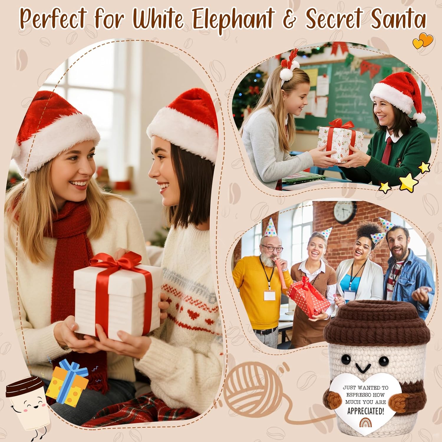 OCCdesign Mini Appreciation Gift for Women Men Coworkers Teachers Boss Nurses Handmade Crochet Coffee Cup Thank You Gift for Friends Roommates Staff Employees Volunteers Birthday Office Desk Decor - Image 4