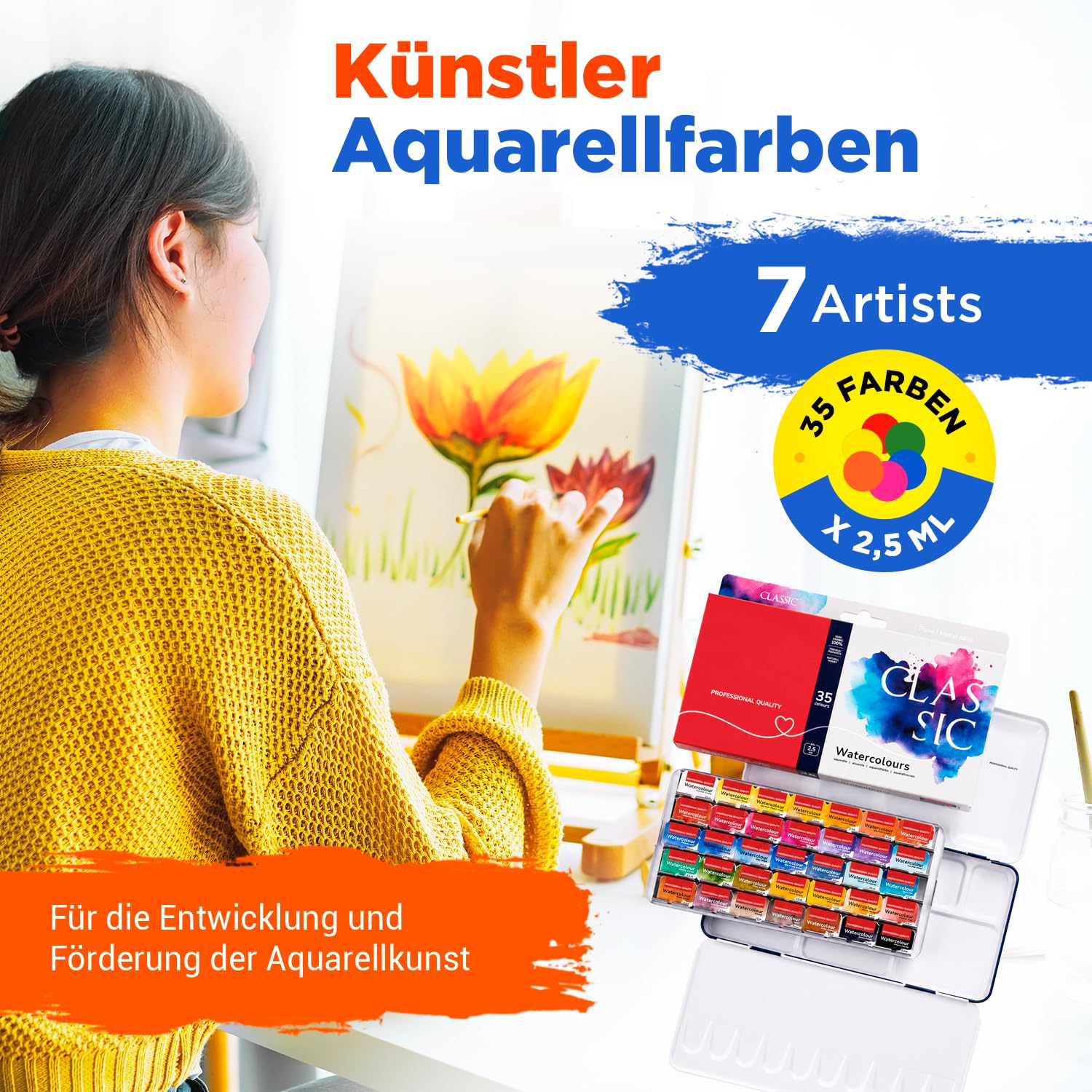 Aquarellfarben Set – 35 x Näpfchen Rosa Gallery Classic Aquarell | Professionelle Aquarell Set in Metallkasten | Hochwertig Künstler Aquarellkasten | Aquarellfarbe Wasserfarben
