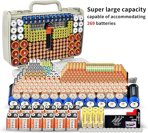Miniatura 4 de Caja organizadora de baterías con probador, 269 baterías de doble cara, capacidad para pilas AA AAA 4A C D 9V 3V litio LR44 CR2 CR123 CR1632 18650