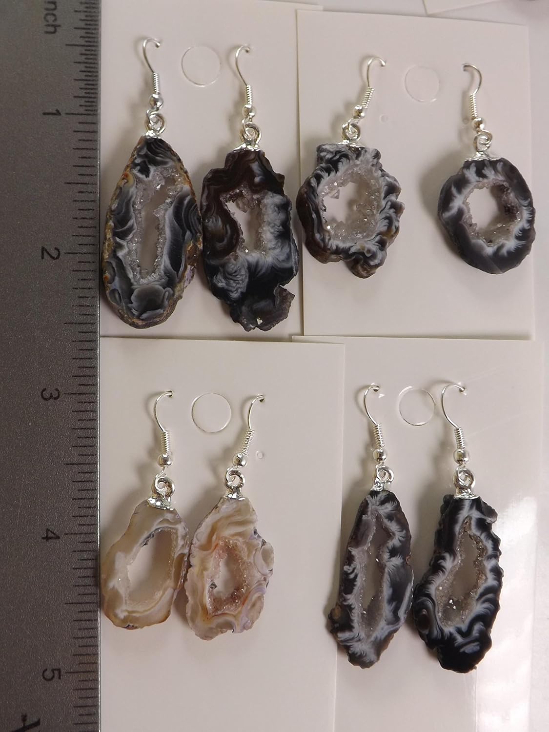 Agate Geode Gemstone Earrings, Stone Slice w/Druzy Crystals Center, 1-1.5 inch Dangle, Natural Edge, in Gift Box