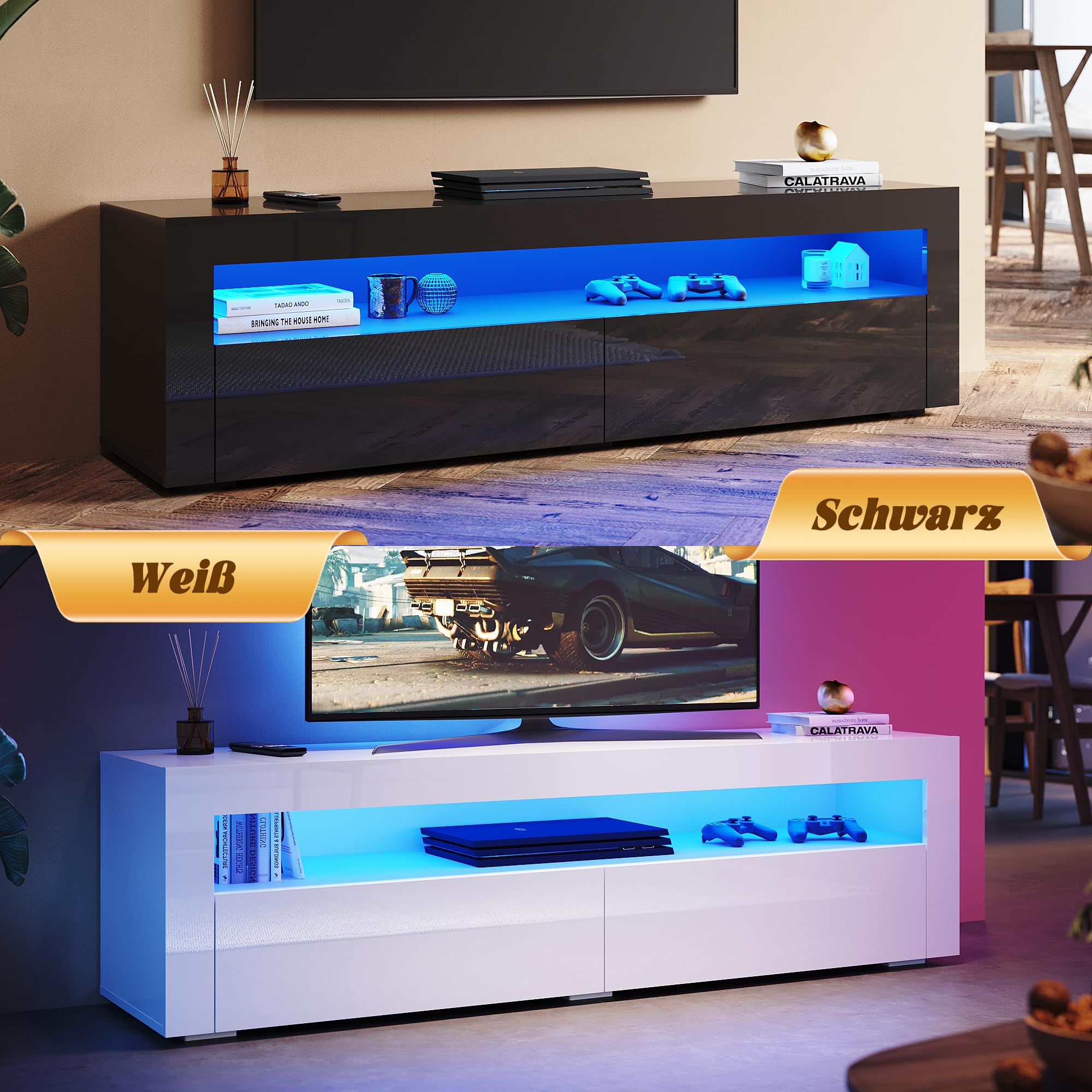 TV Board bianco lucido con illuminazione LED RGB 120 x 40 x 45 cm (larghezza x profondità x altezza) soggiorno moderno legno piccolo