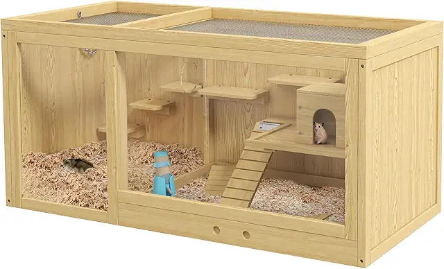 Cage pour Hamster en Bois 100 cm - Terrarium avec Balançoires et Échelles