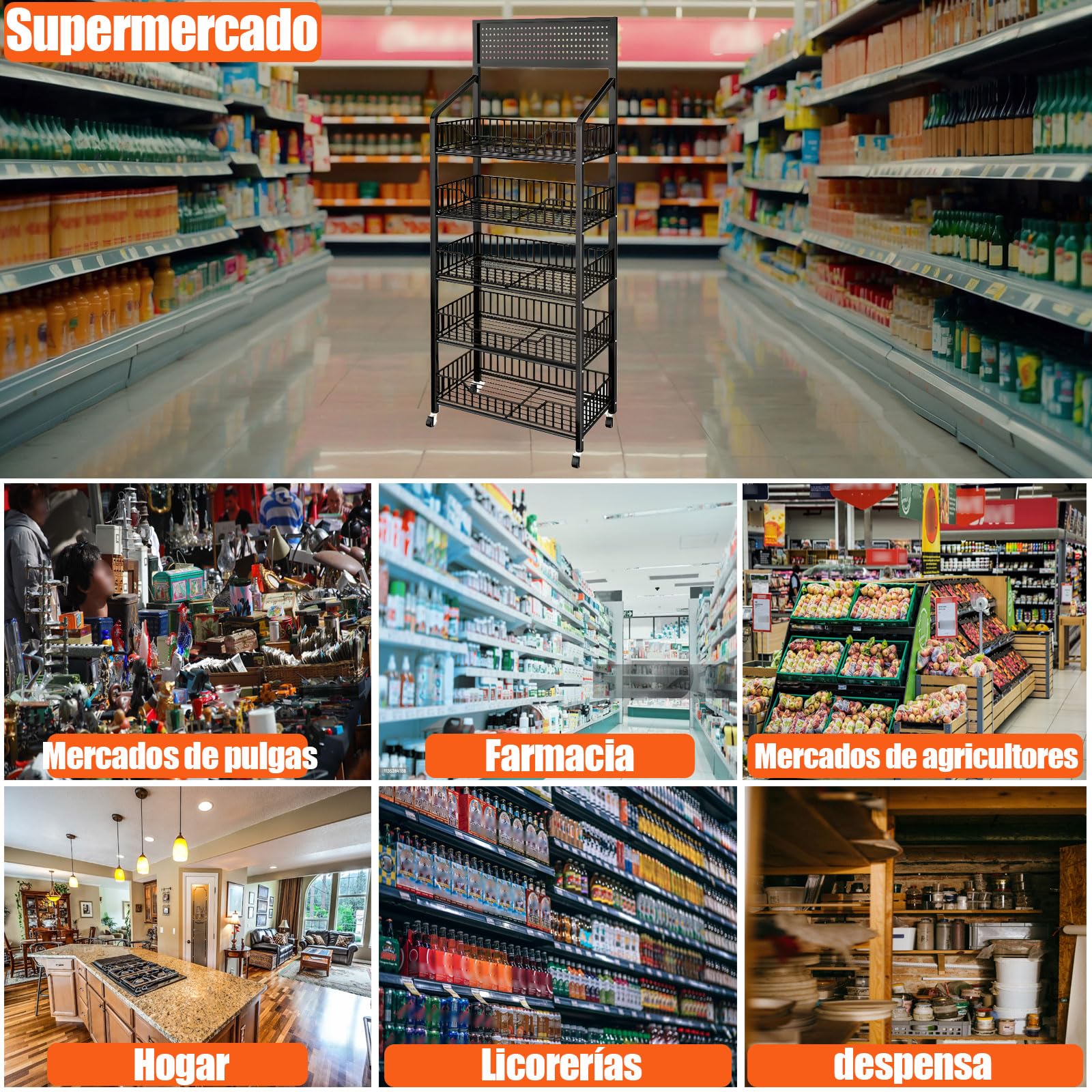 Expositor de 5 Niveles para supermercado, estanterías Independientes Negras con 12 Ganchos y 4 Ruedas, estantería metálica Grande para Tiendas