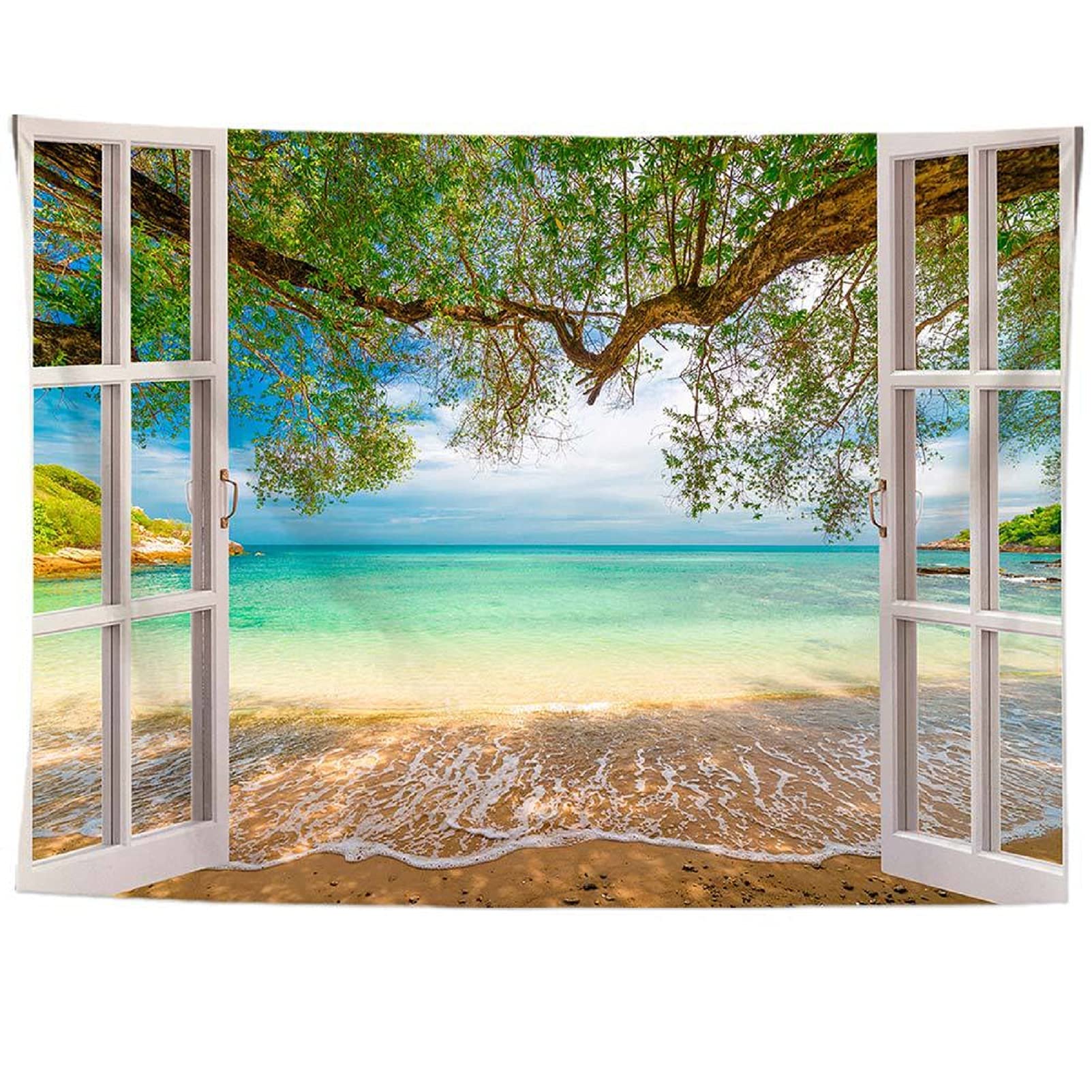 izielad Window Sea Beach Tree Landscape Wall Hanging Tapestry 100X150CM 39.3X59IN
