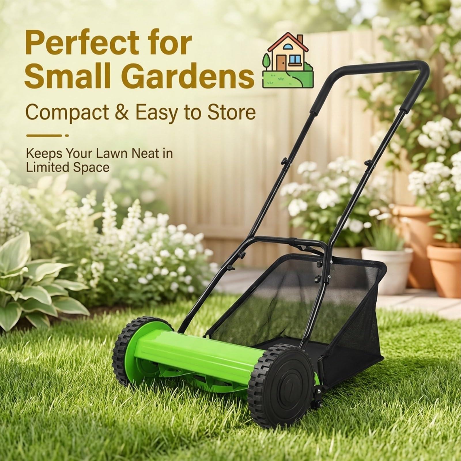 Cortacésped manual con bolsa de recogida de césped, cuchillas de acero al manganeso, altura ajustable de 17 a 33 mm, ideal para jardines pequeños y césped residencial