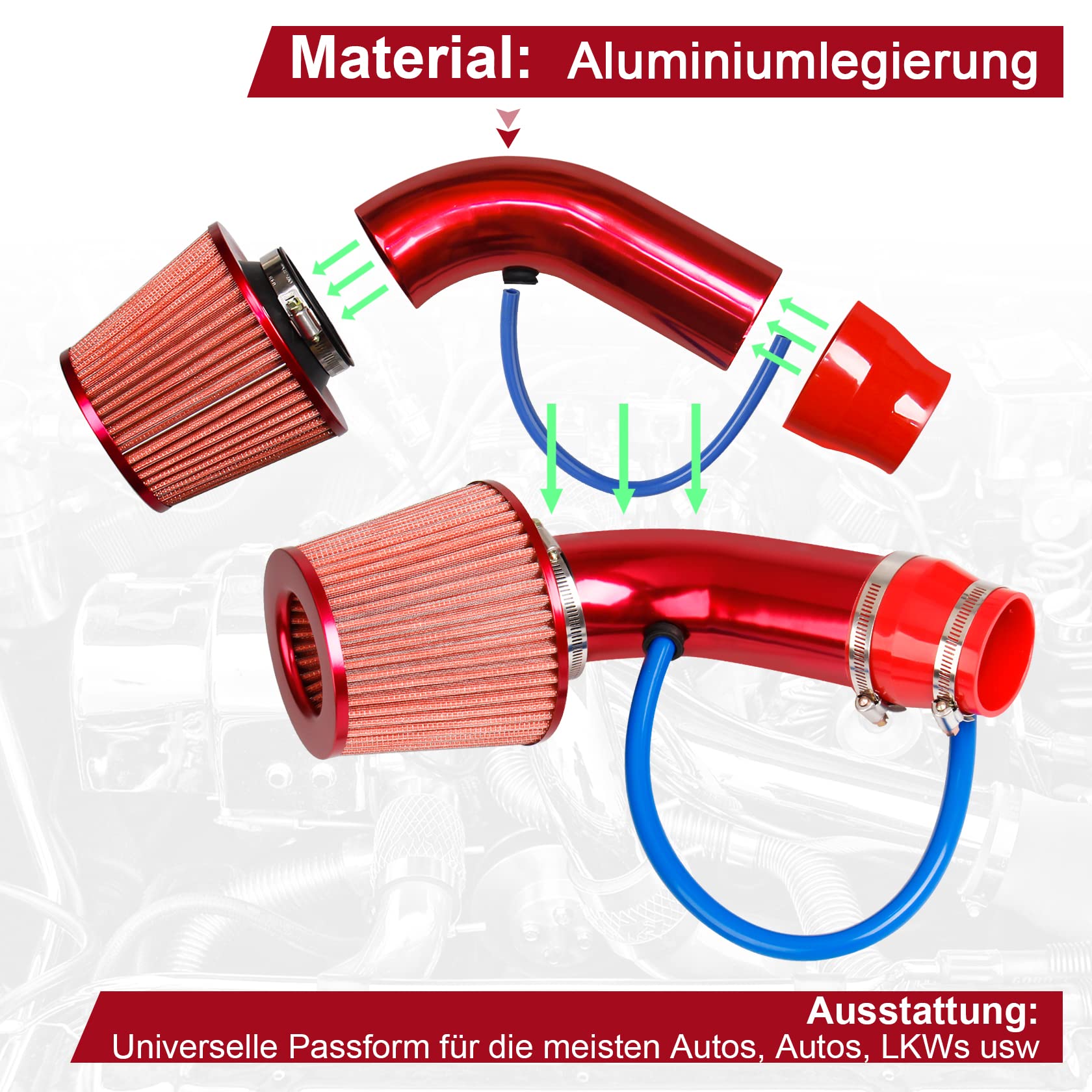Pindex 76mm Lufteinlassfilter Auto Kaltluft Ansaugfilter Luftfilter mit Ansaugschlauch Kaltluftschlauch Ansaugrohr (Rot)