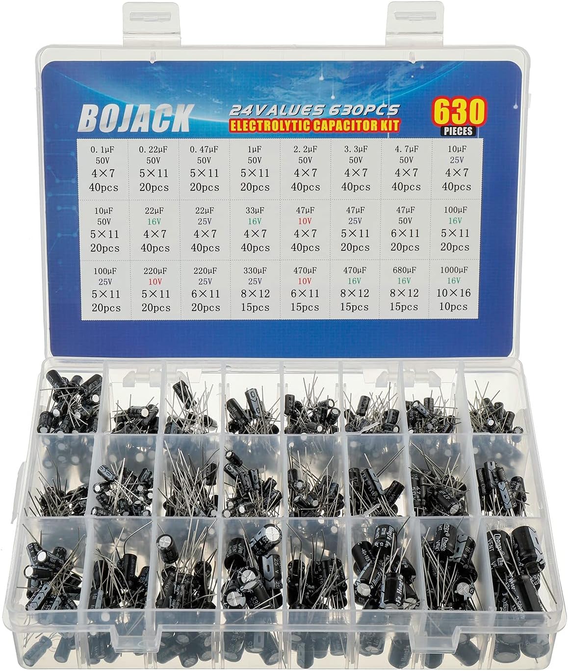 BOJACK 24Value 630pcs Aluminum Electrolytic Capacitor Assortment Box Kit Range 0.1uF－1000uF