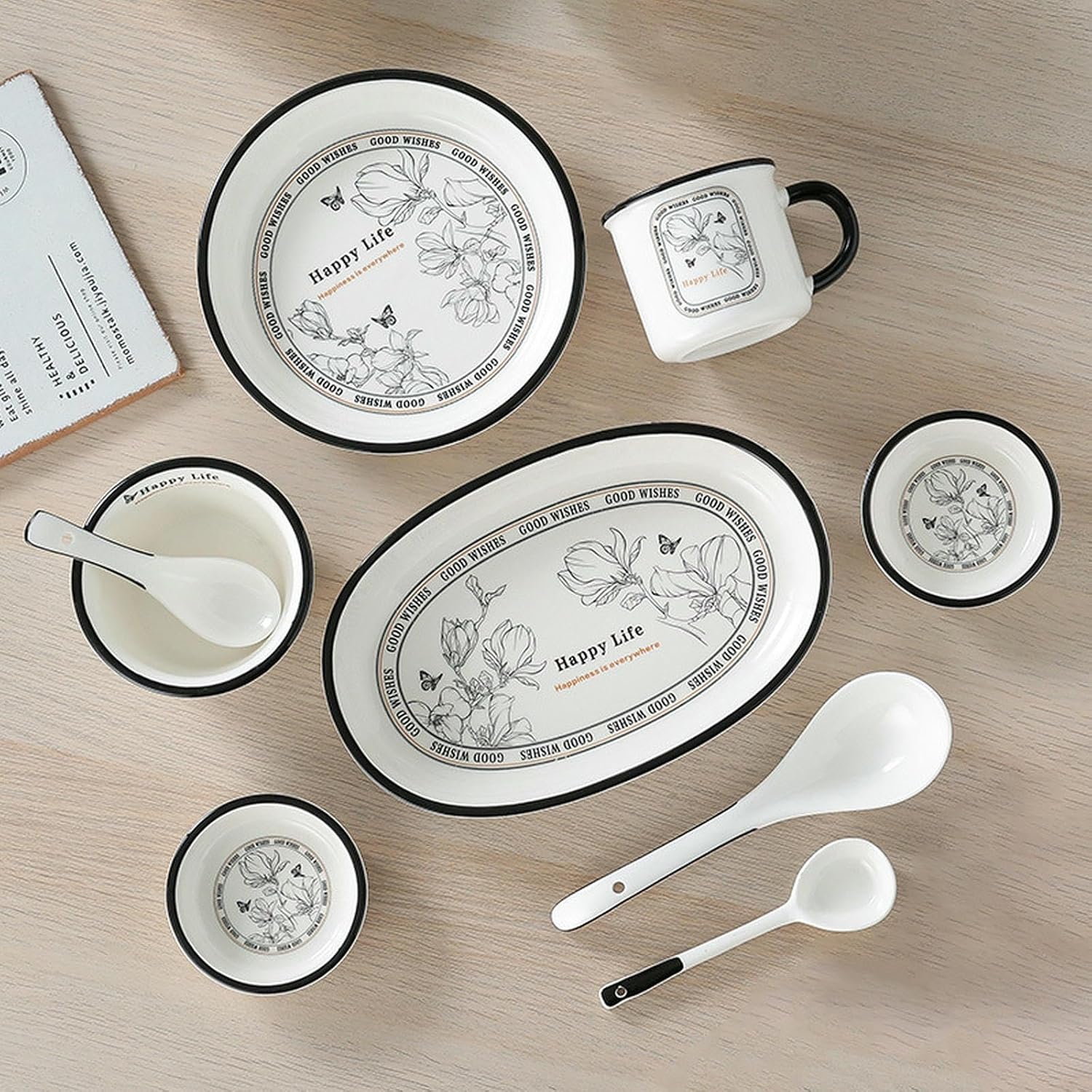Vintage Rice Bowls ，Ceramic Tableware Rice BowlHousehold thickened ceramic tableware, underglaze ceramic high temperature resistant(Double-eared soup bowl)