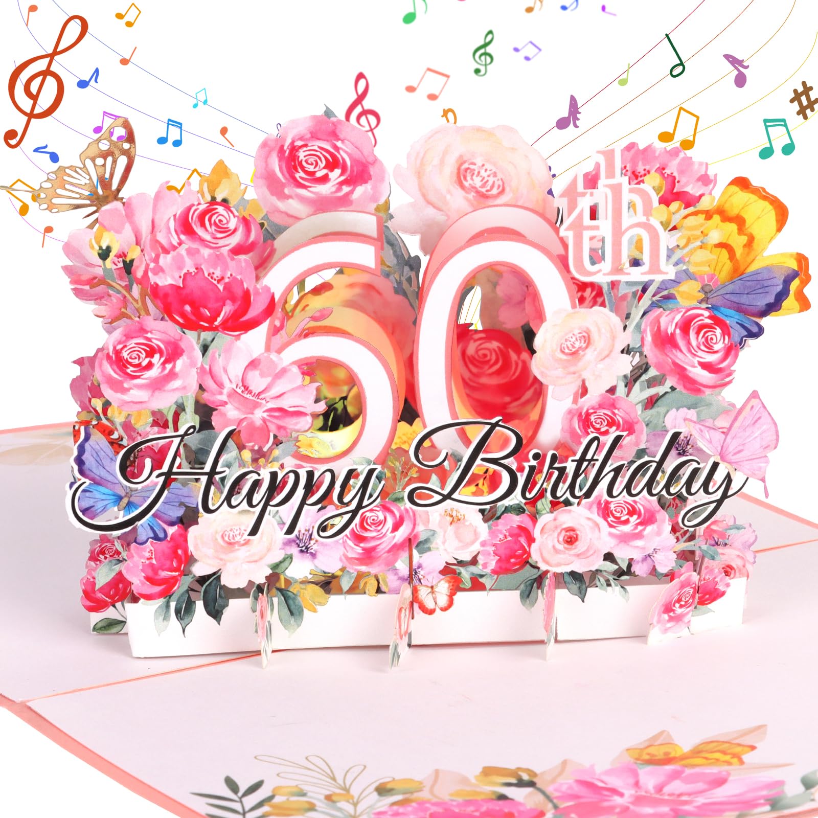 60th Birthday Card, Musical Birthday Card for Women, Pink 3D Pop up Greeting Card with Musical and Flower Happy 60th Birthday Gifts for Women Wife Mom Grandma