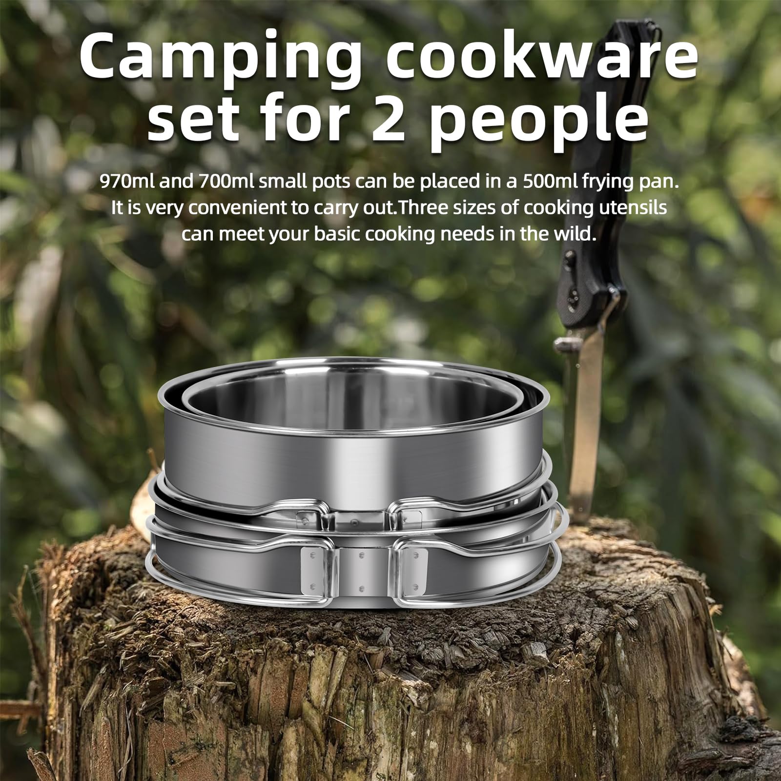 12 Piezas Utensilios Cocina Camping, Juego de Olla y Sartenes de Acero Inoxidable de Camping Kit de Portátil y Liviano para 1-2 Personas Ligero y Compacto para Acampar Senderismo Picnic