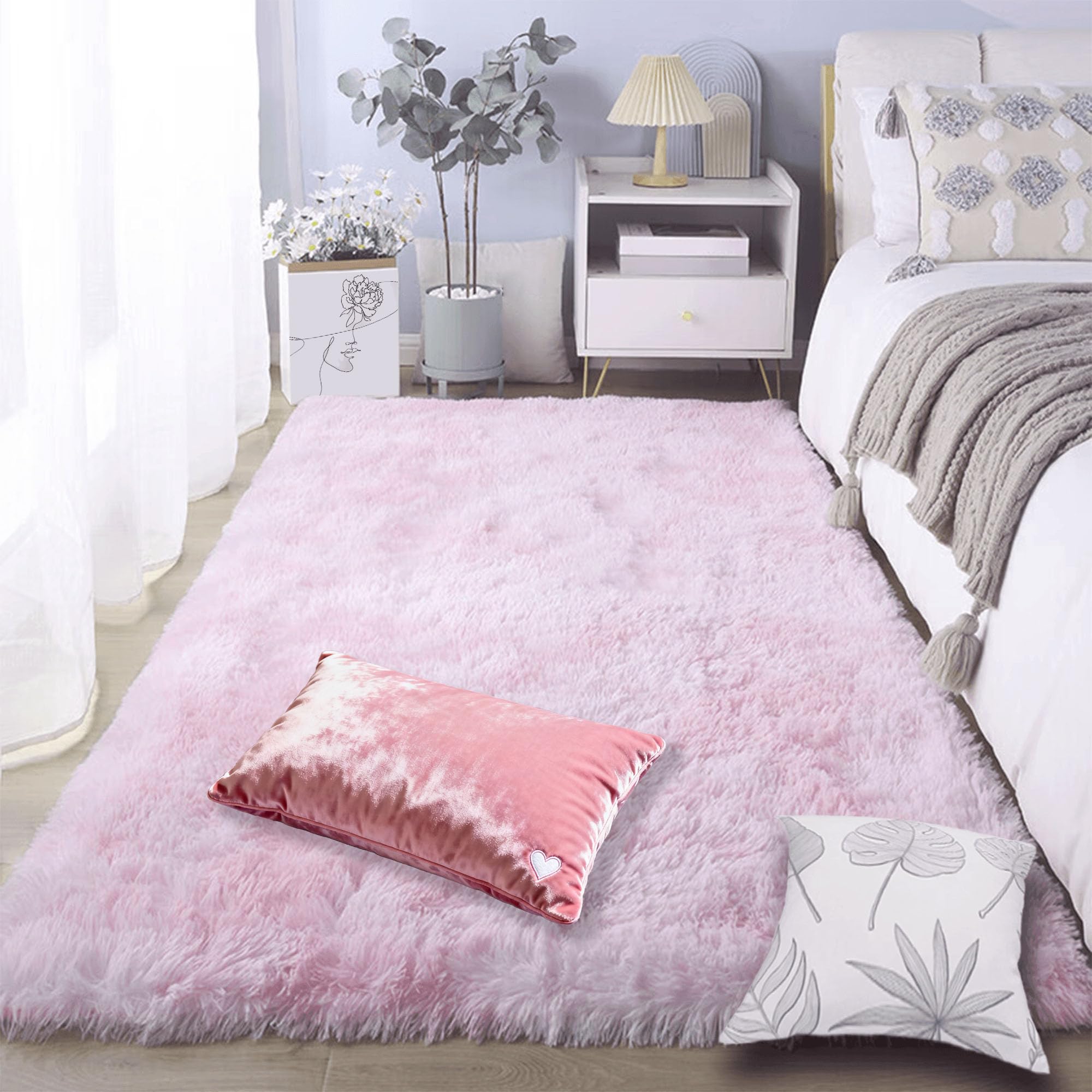 Tapis shaggy doux lavable en machine 110x130cm rose uni brillant facile à entretenir
