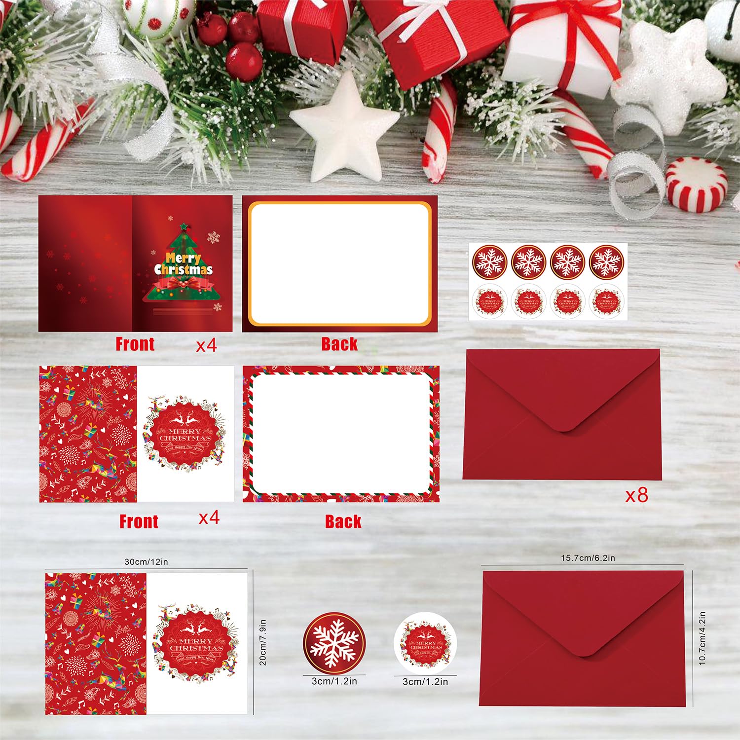 Tarjeta de agradecimiento de Navidad, tarjetas de Navidad de 4 x 6 pulgadas, 8 tarjetas de Navidad con sobre y calcomanía, tarjetas de deseos de Navidad, tarjetas de felicitación de Navidad