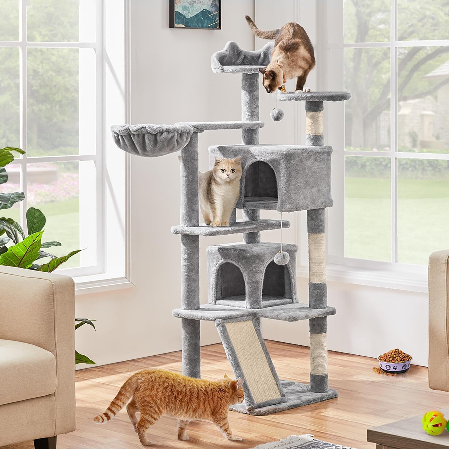 Topeakmart Cat Tree, 57 inches Multi-Level Cat Tree Tower with Scratching Posts, Cat Condo and Basket Kitten Activity Center, Light Gray