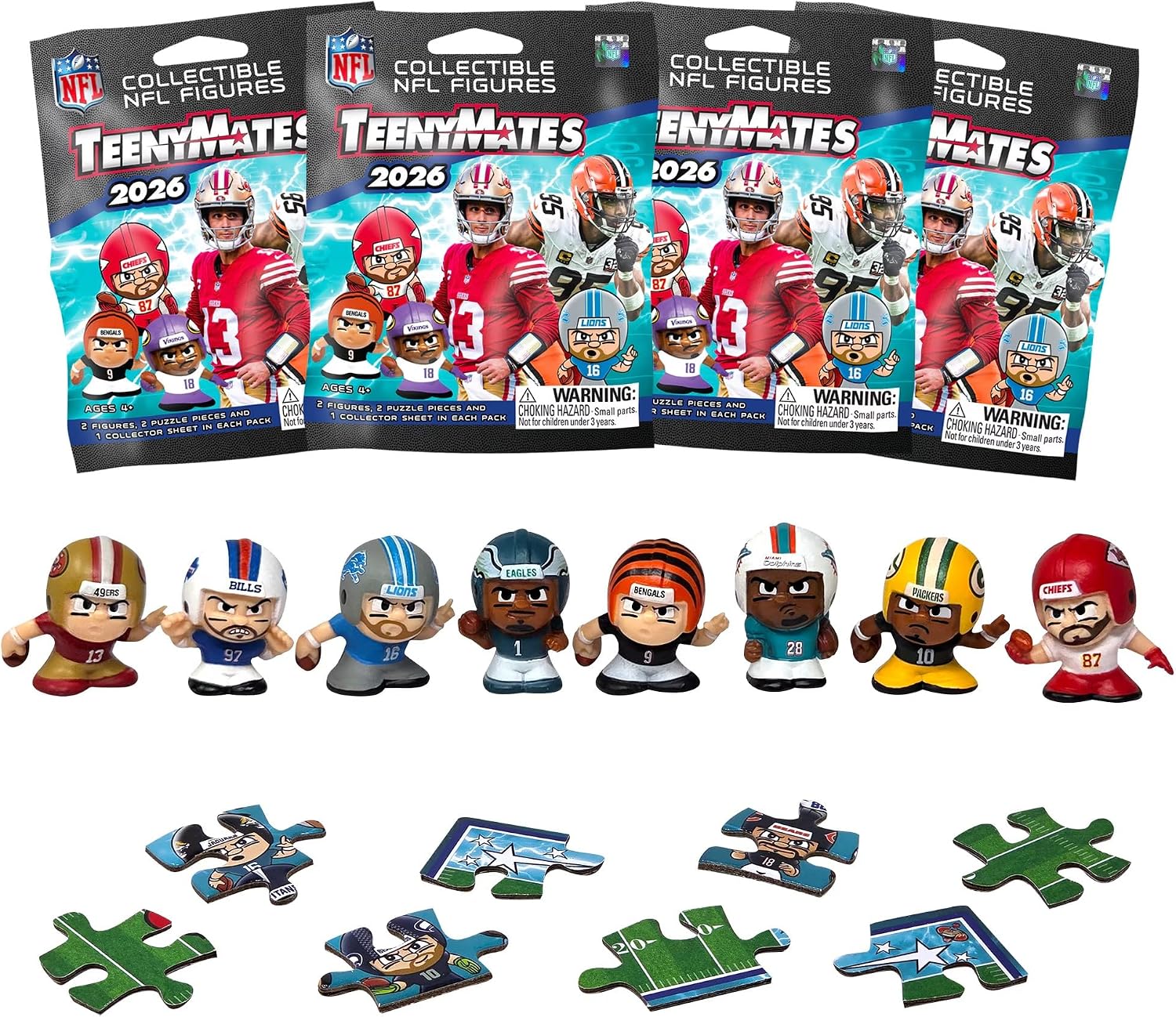 teenymates party animal series (14) 2025 nfl figures blind bags gift set party bundle - 4 pack - 8 figures total