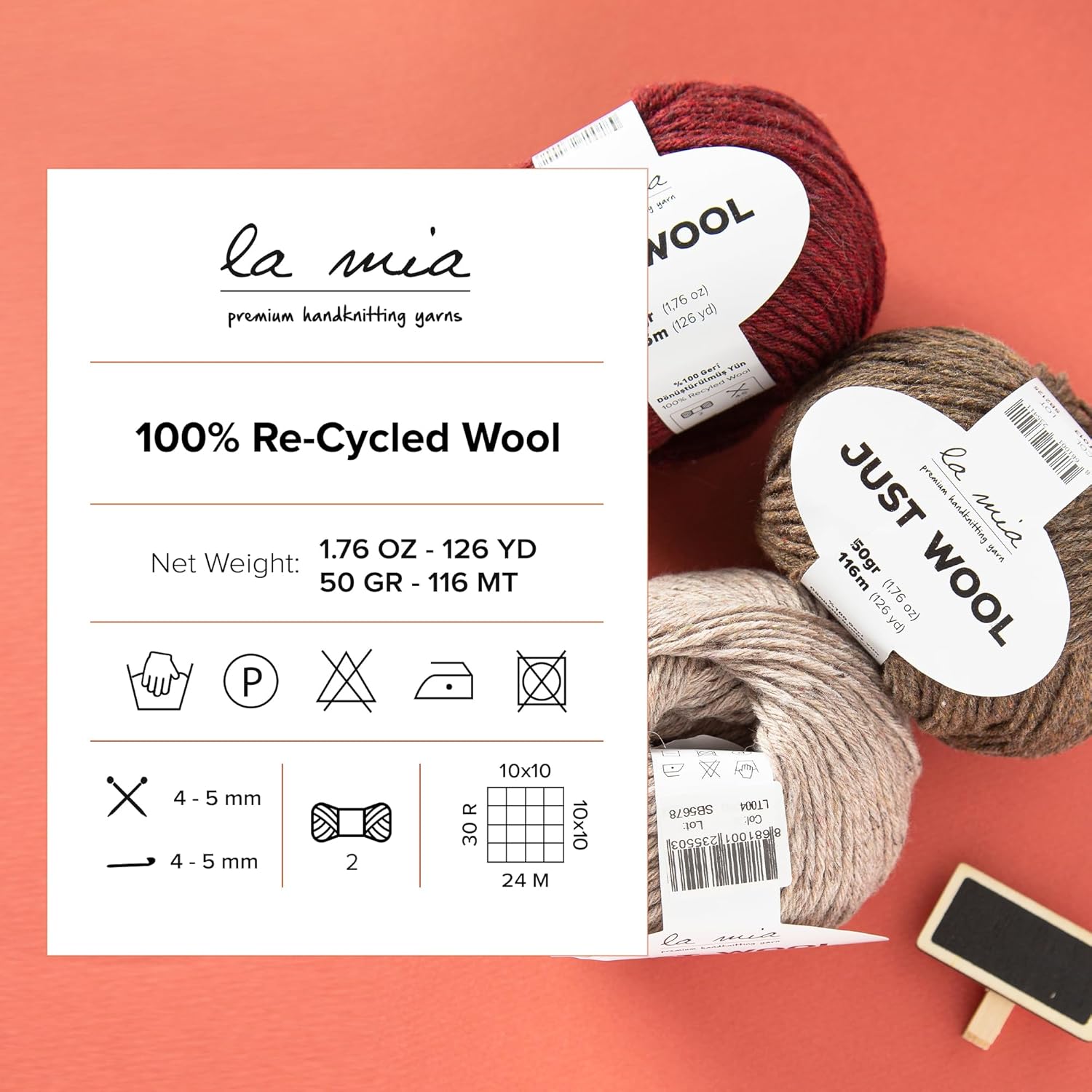 3 Ball (Pack) La Mia Just Wool, Total 5.28 Oz. 100% Recycled Wool, Each 1.76 Oz (50g) / 126 Yrds (116 m), 3 Light DK, Beige - LT004