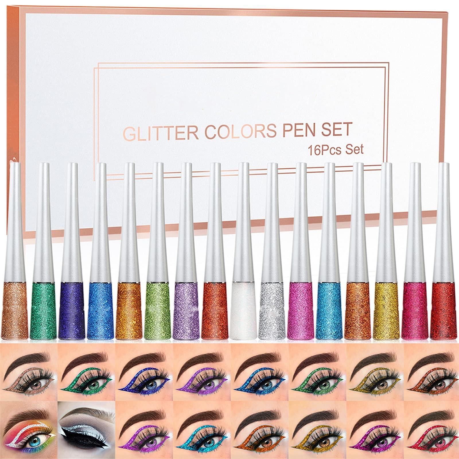 16Colors Liquid Glitter Eyeliner Set, Metallic Shimmer Eyeshadow
