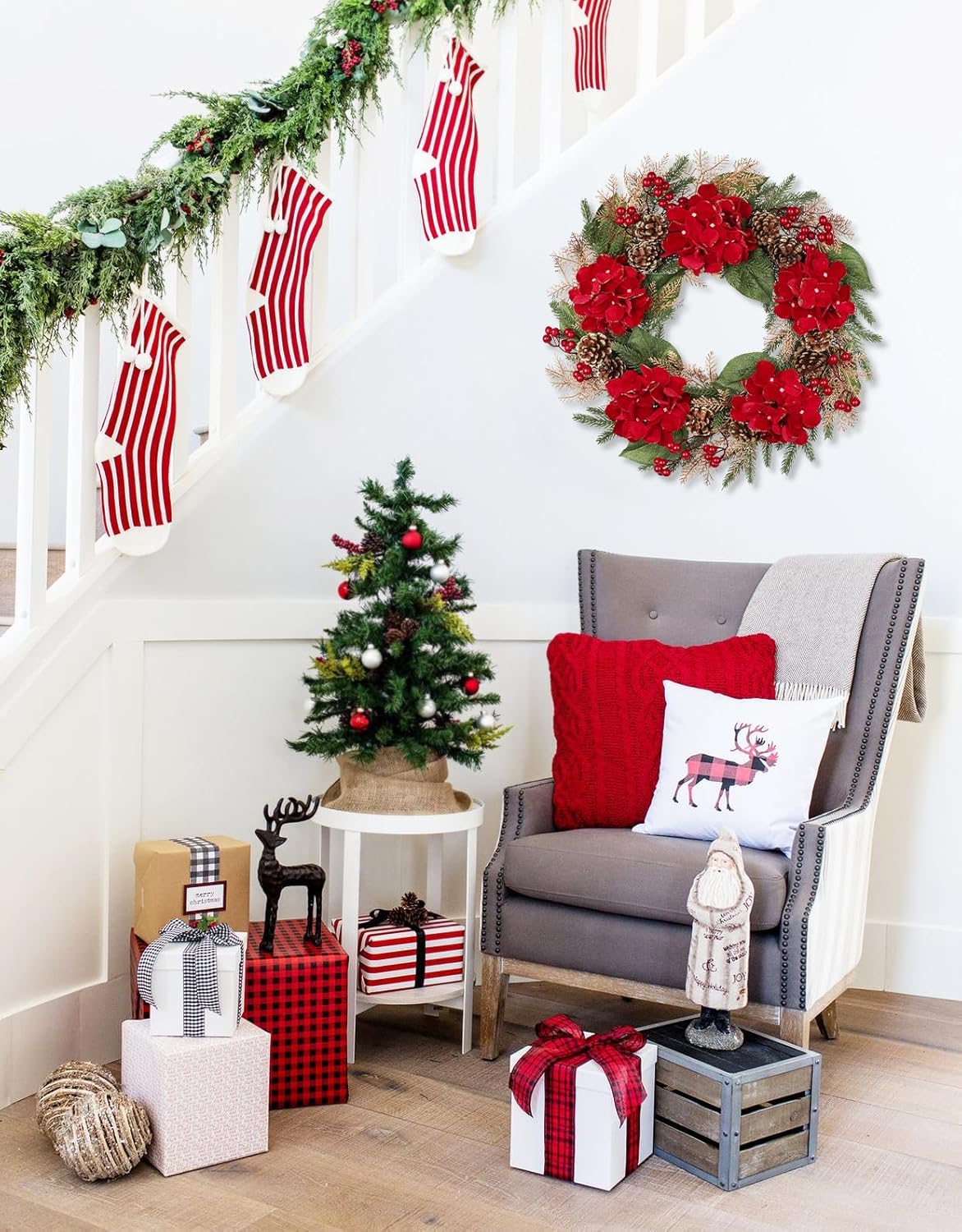 24" Christmas Wreath for Front Door Artificial Hydrangea Flowers Christmas Wreaths with Red Berries Pine Cones Norfolk Pine Cedar Decor for Winter Home Porch Wall Window Indoor Outdoor Xmas Decoration - Image 6