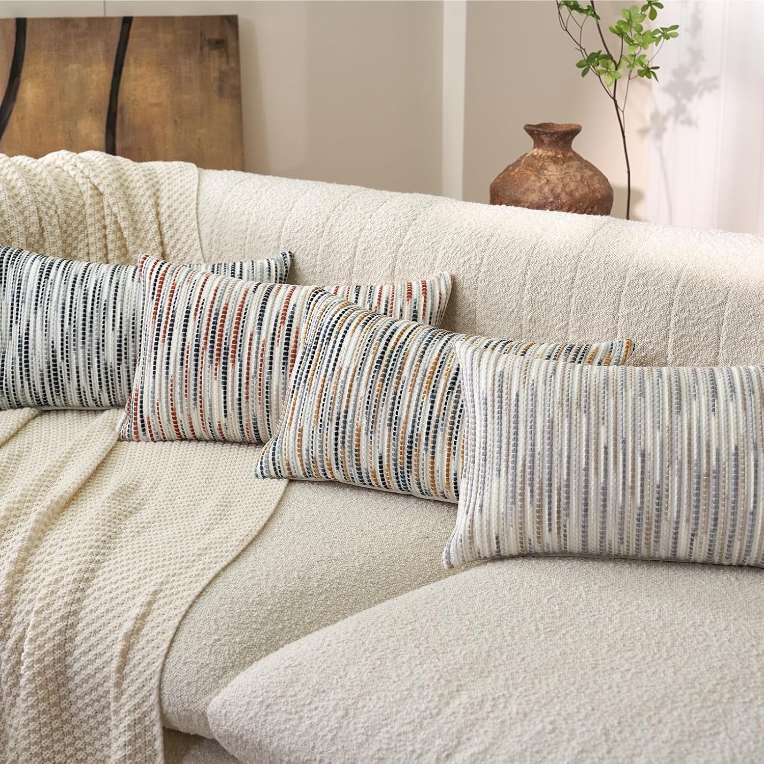 Aeckself Boho Striped Pillow Cover 12x20, Rectangle Decorative Lumbar Throw Pillow Cover Chenille Neutral Pillowcase for Couch Bedroom Living Room, Gray White - Image 6