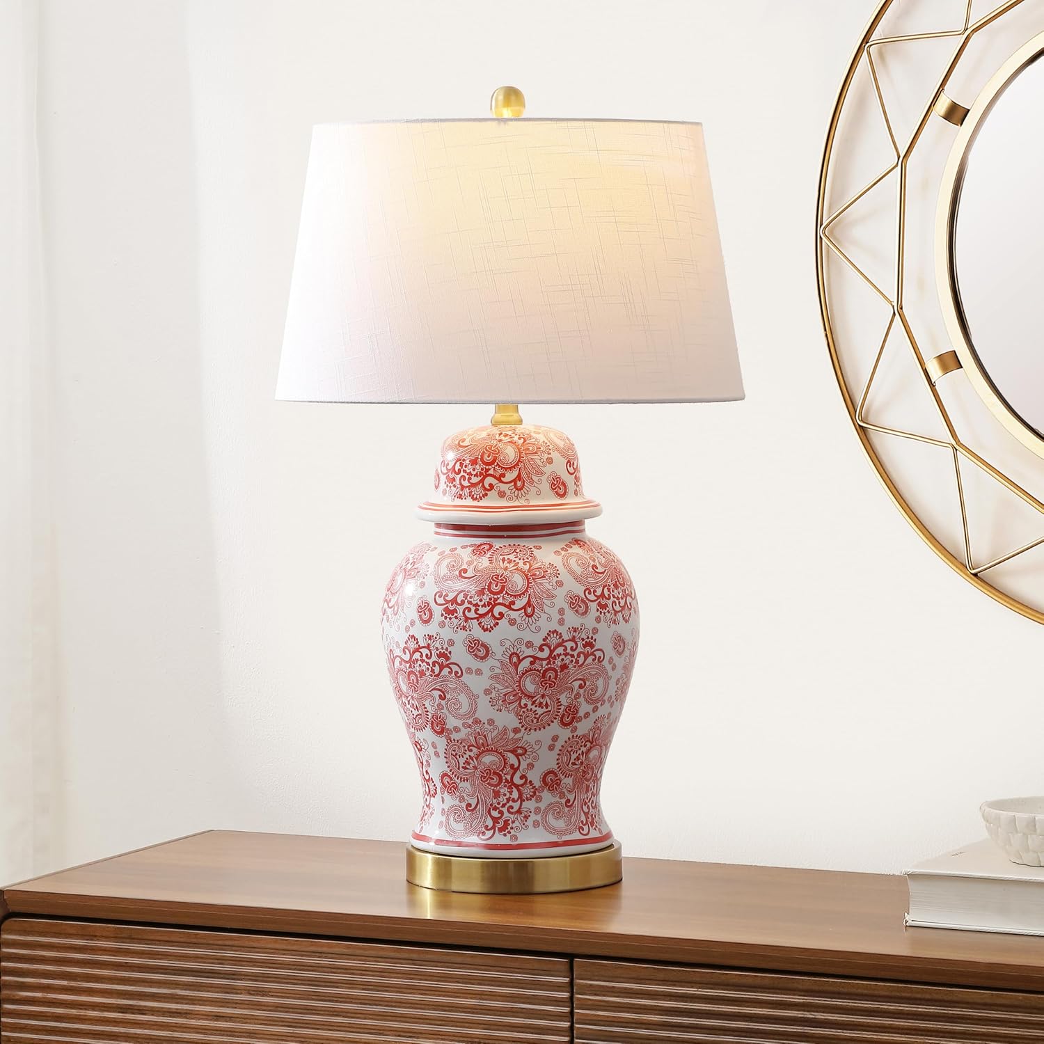 JONATHAN Y 29.5" Red/White Ceramic Table Lamp for Living Room and Office, White Linen Drum Shade, Traditional Chinoiserie Ginger Jar Lamp, LED Bulb Included (JYL3008C)