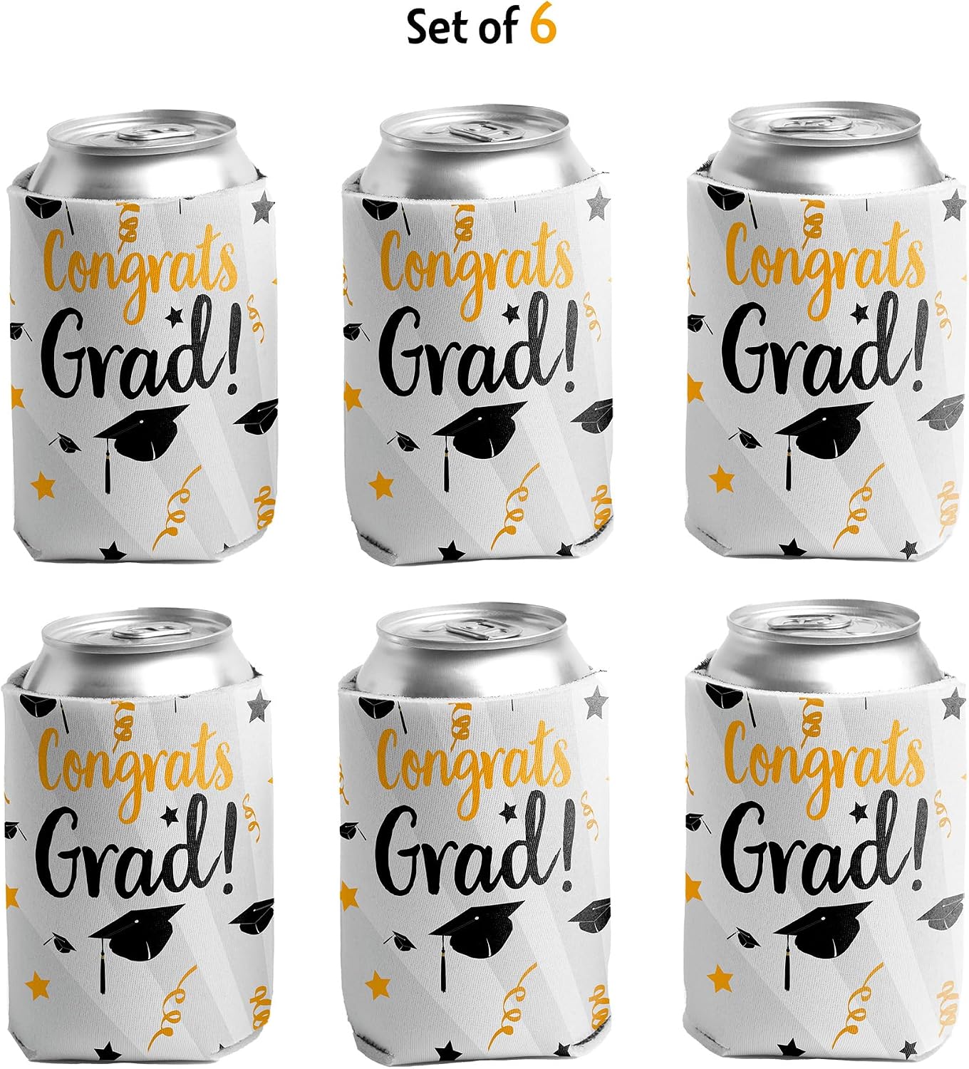 VictoryStore Congrats Grad Can Coolers – Set of 6 Graduation Can Sleeves – Reusable Foam Beverage Holders for 12-16 oz Cans & Bottles – Foldable, Durable, USA Made – Black, White & Gold