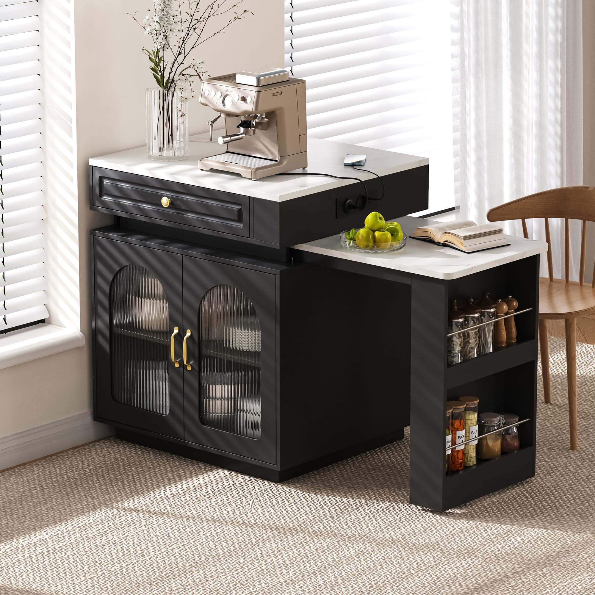Isola da cucina illuminata a LED su ruote, tavolo da pranzo allungabile con barra multi-uscita, credenza nera per cucina e sala da pranzo, design moderno e versatile