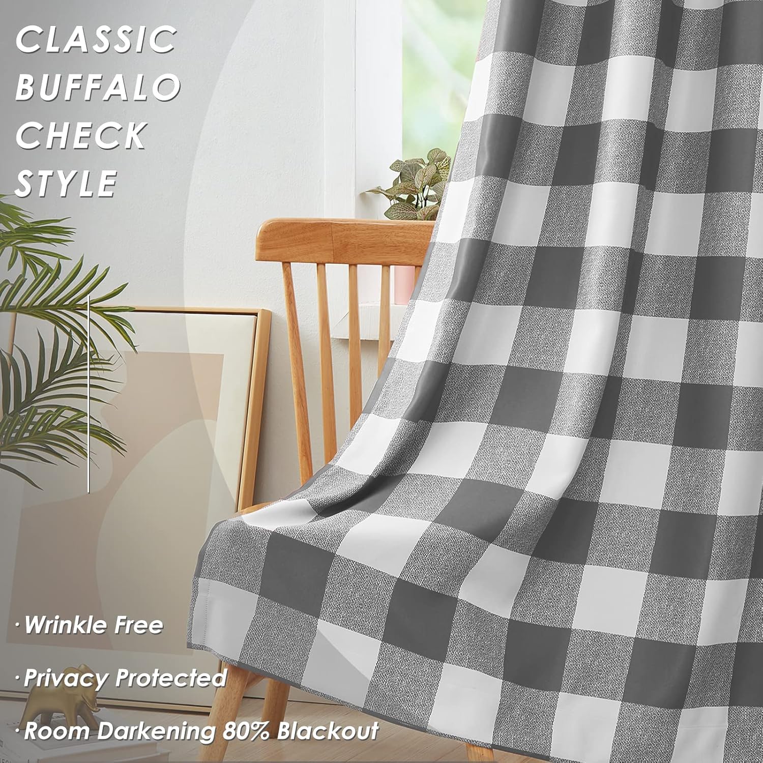 Melodieux Buffalo Check Plaid Extra Wide Curtains for Sliding Glass Door, Thermal Insulated Room Divider Curtains for Living Room Blackout Grommet Patio Door Drape, Grey, 100 x 84 Inch, 1 Panel