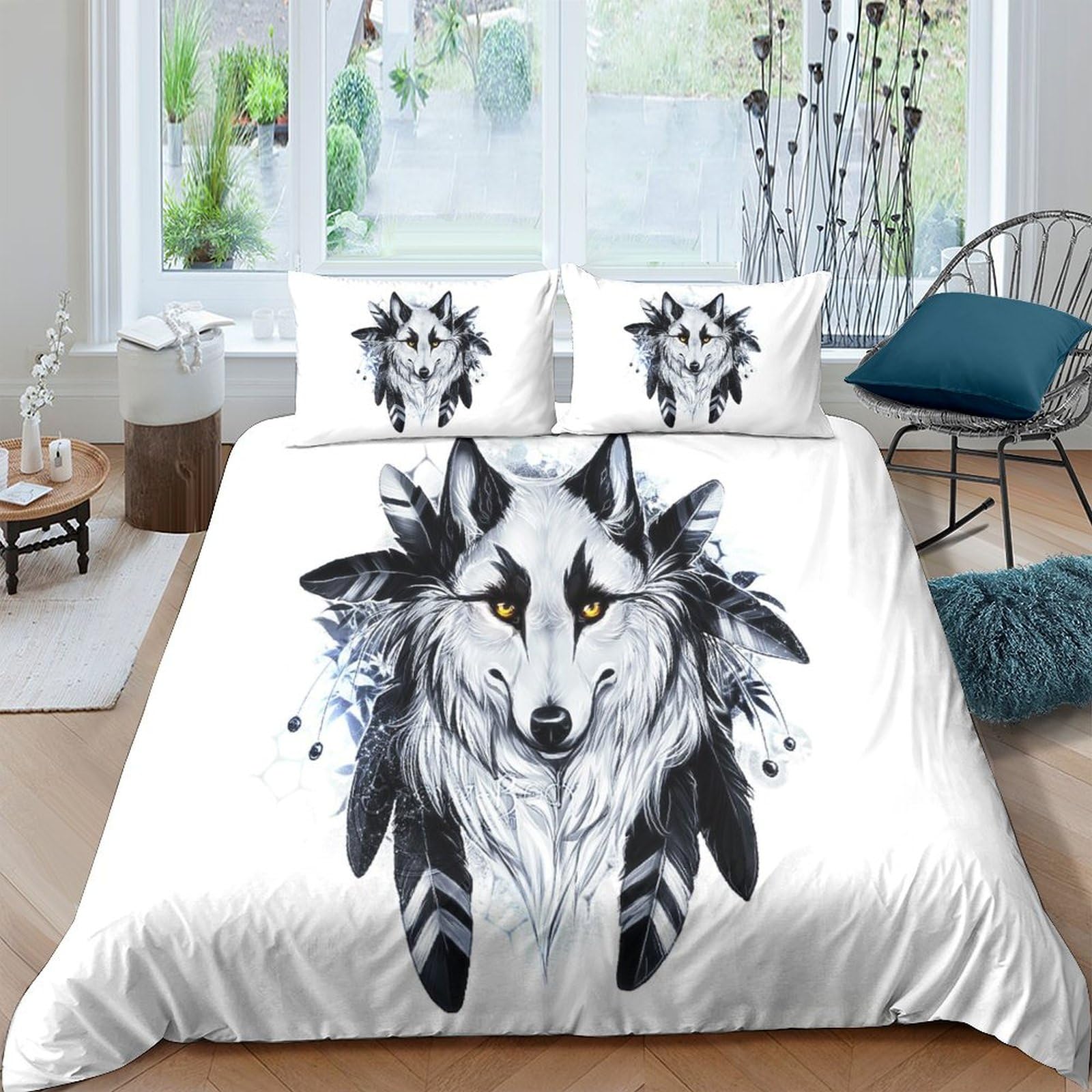 Housse de couette loup 3 pièces 200x200 cm, parure de lit en microfibre avec taies d'oreiller