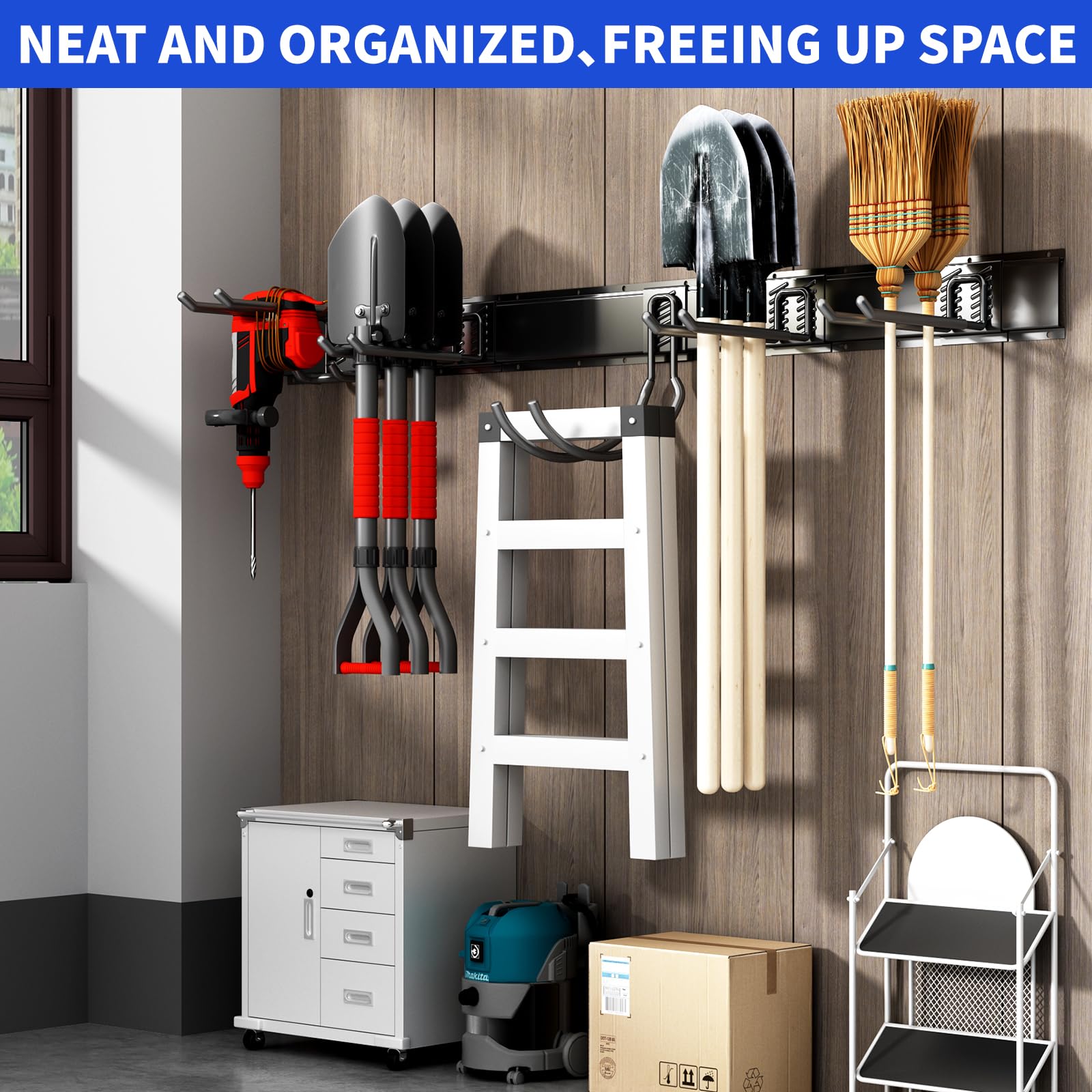 Organizer da parete per garage, 162,6 cm, resistente, facile da installare, con 10 ganci regolabili, per casa, garage, esterni, officine (nero)