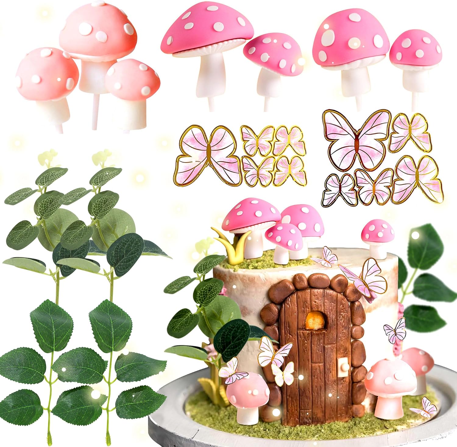 JeVenis Fairy Cake Toppers Pink Mushroom Door Butterfly Flowers Cake Topper