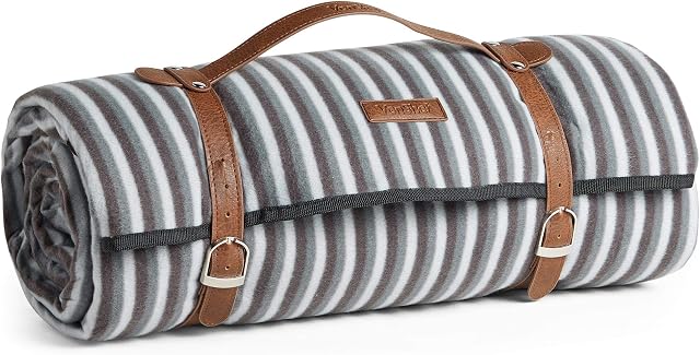 VonShef Picnic Blanket, Striped Extra Large Outdoor Rug with Waterproof Backing, Weatherproof Picnic Mat with Faux Leather Handle, Water Resistant Camping Accessories