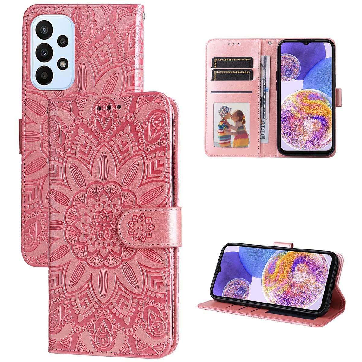 MonwutongWallet Case for Samsung Galaxy A23, Case for Galaxy M23 5G, Sunward Flower Embossing PU Leather Case with Magnetic Clasp and Cash Card Slots Holster for Samsung Galaxy A23/M23, XYH Pink
