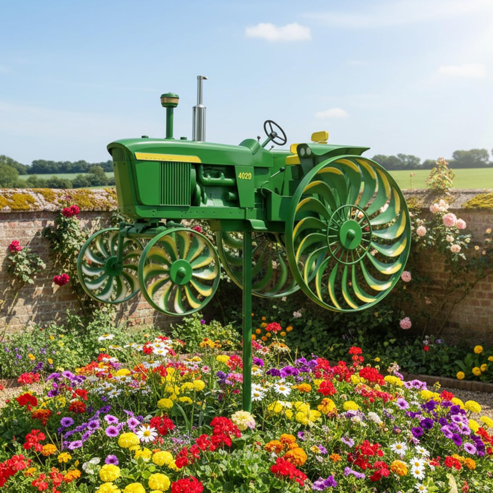 Green Tractor Wind Spinner For Outside, Metal Garden Wind Spinners Outdoor With Rotating Wheels, Kinetic Windmill Stake For Yard Patio Decor, Unique Sculpture Ornament Gift For Family Friends