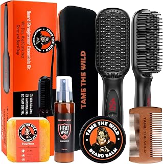 Tame The Wild Pro Beard Straightener for Men Kit - Heated Beard Brush for Men - 12 Temp Settings - Beard Grooming Kit with Heat Protector Spray, Beard Soap, Beard Balm, Comb & Travel Case - Gift Set